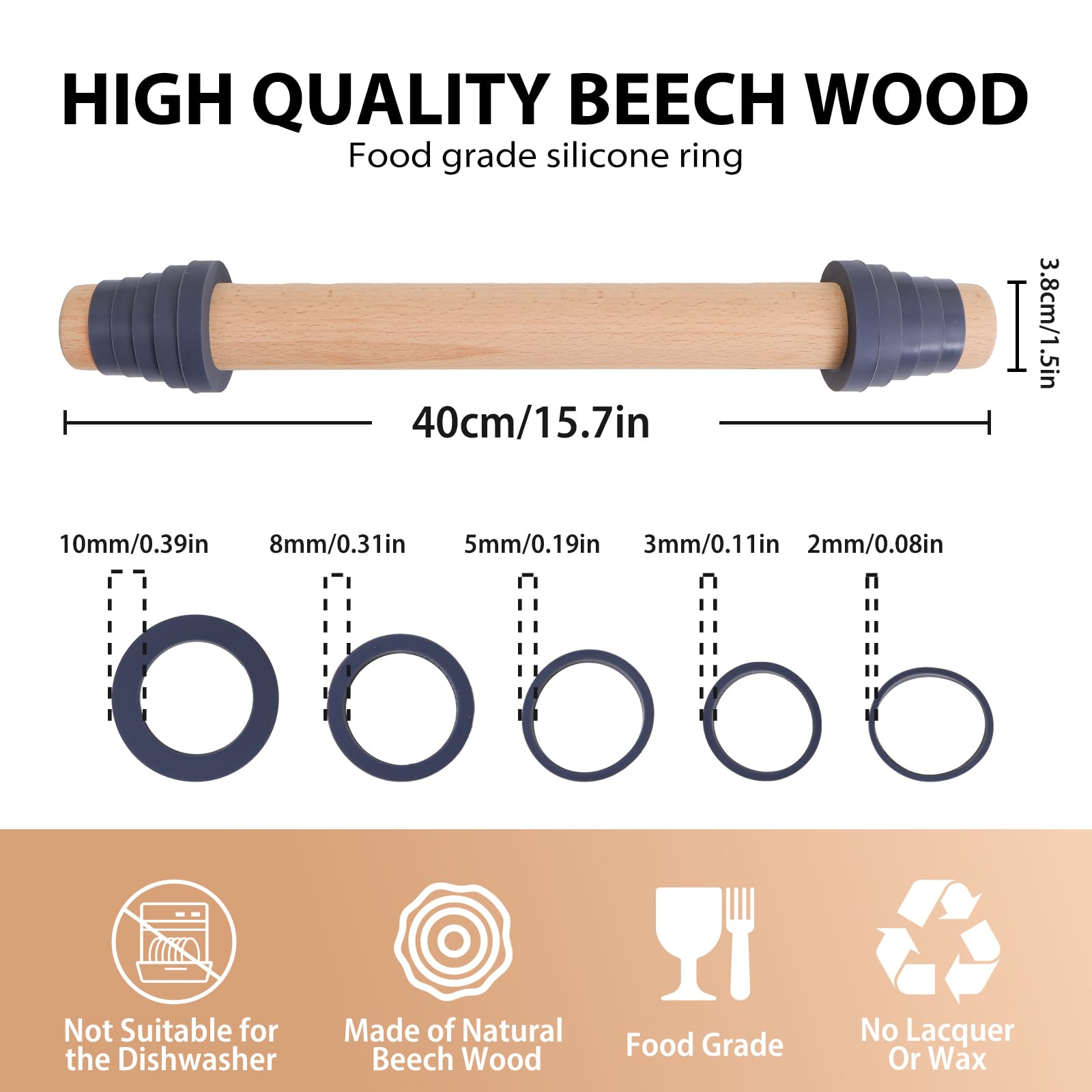 Premium Adjustable Wooden Rolling Pin with Thickness Rings - Non-Stick Baking Dough Roller with Spacer Bands for Cookies, Pies, Pastry & Bread - Perfect for Home Bakers & Professional Kitchens (15.8 Inch, Grey)
