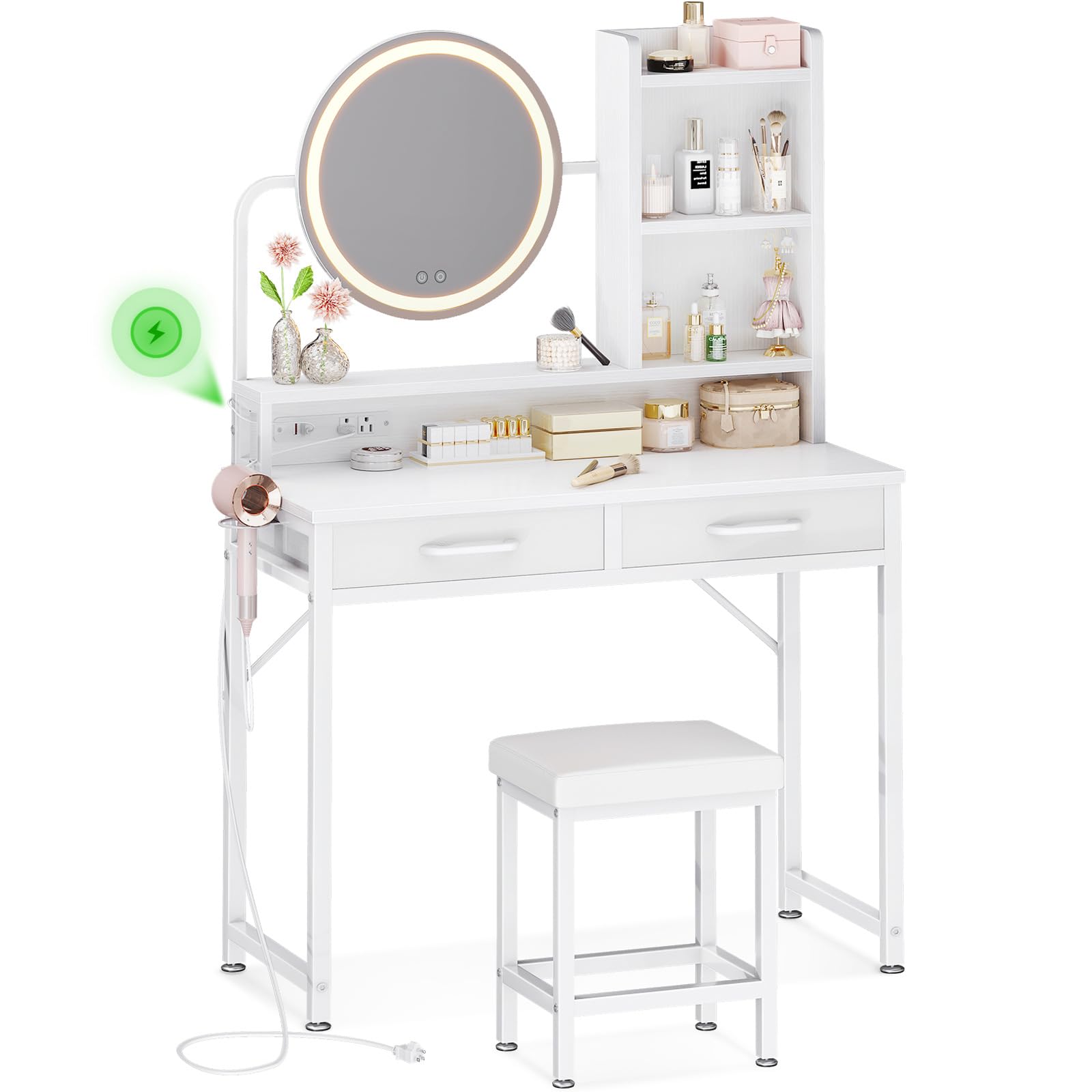AODK 32 Inch Vanity Desk with Mirror and LED Lights, White Makeup Vanity Set with Fabric Drawers & Matching Chair - Perfect for Bedroom, Dressing Room or Small Space Makeup Station