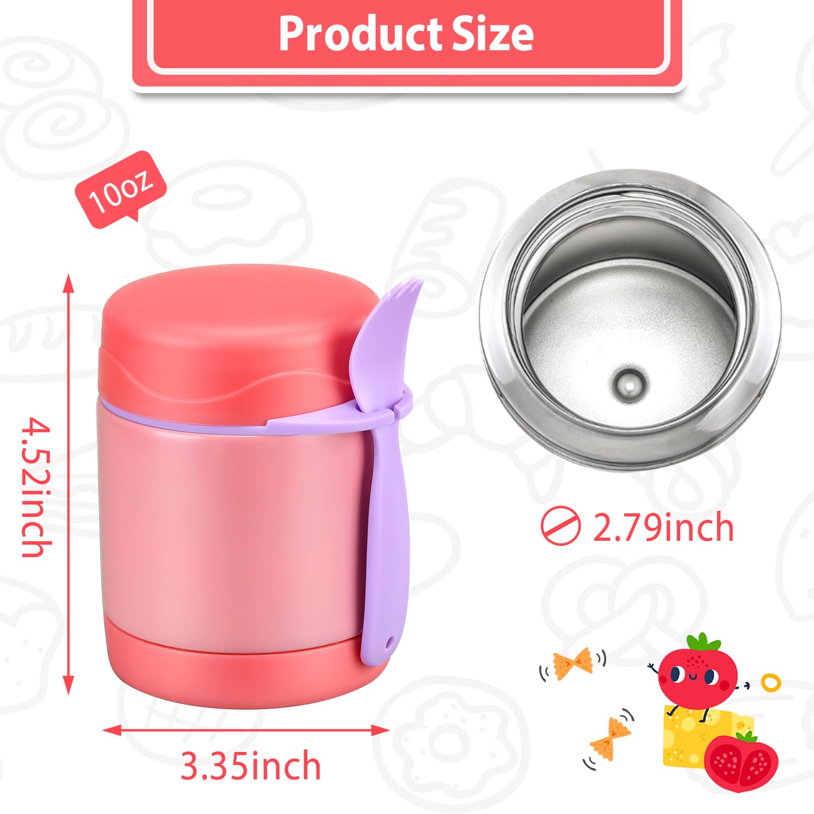 10oz Insulated Stainless Steel Kids Lunch Thermo with Spoon - Leak Proof Wide Mouth Hot Food Container for School, Picnic & Travel - Keeps Soup & Meals Warm (Pink) - Perfect for Toddlers' Lunchboxes and On-the-Go Meals