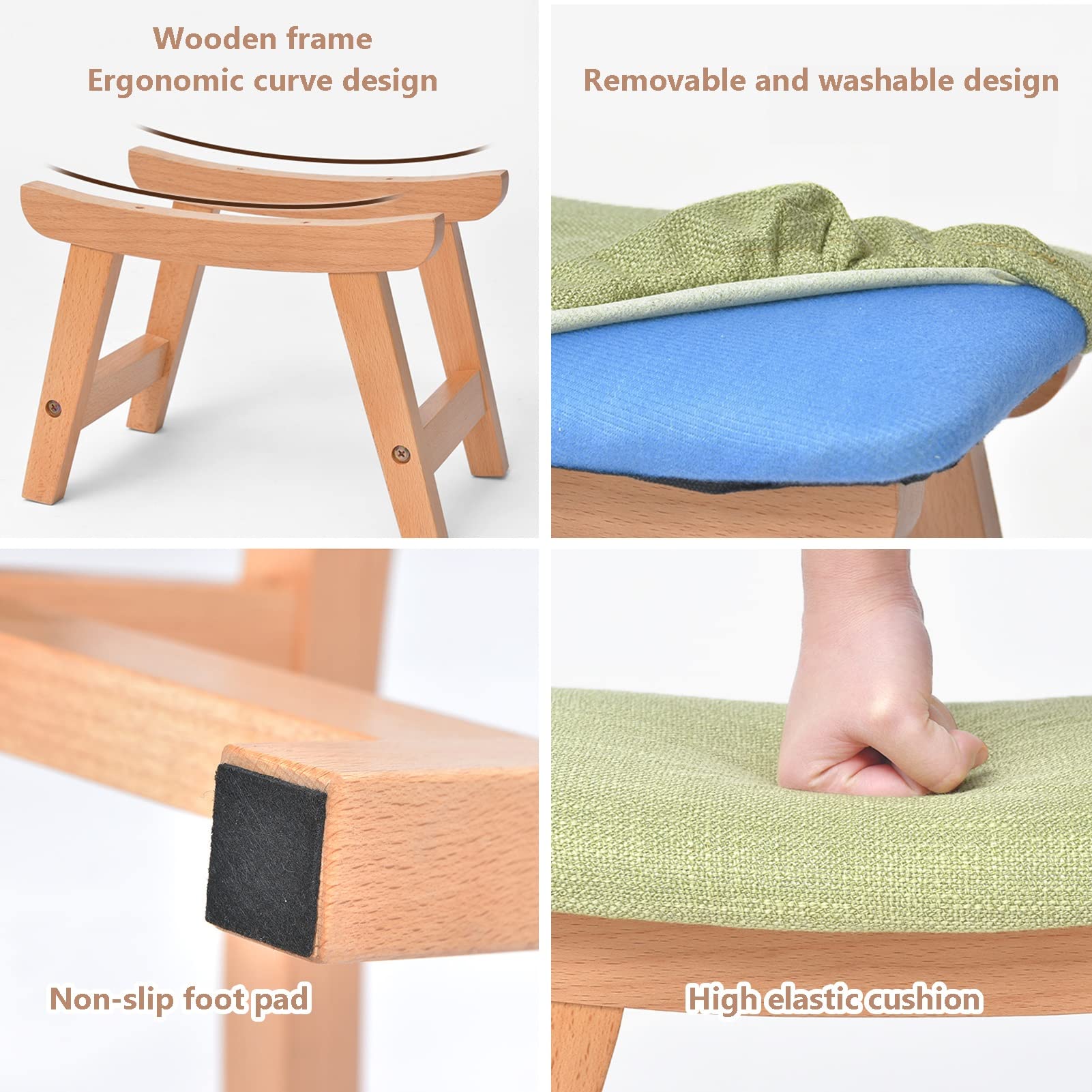 Reposapies LIU Padded Linen Stool with Wooden Frame - Makeup Vanity Stool, Shoe Bench for Living Room, Bedroom, Dressing Area - Perfect for Makeup Application, Shoe Changing & Extra Seating (Green)