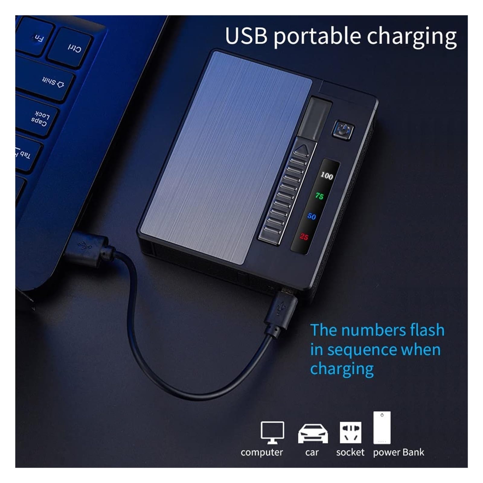 USB Rechargeable Windproof Double Arc Lighter with LED Display & 10/20 Cigarette Case - Portable 2-in-1 Men's Gift for Outdoor, Camping, Travel and Daily Use