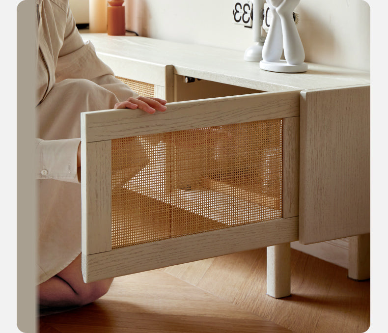 Solid Oak Wood Rattan TV Stand with Suspended Design - Stylish Media Console for Living Room, Bedroom & Home Theater