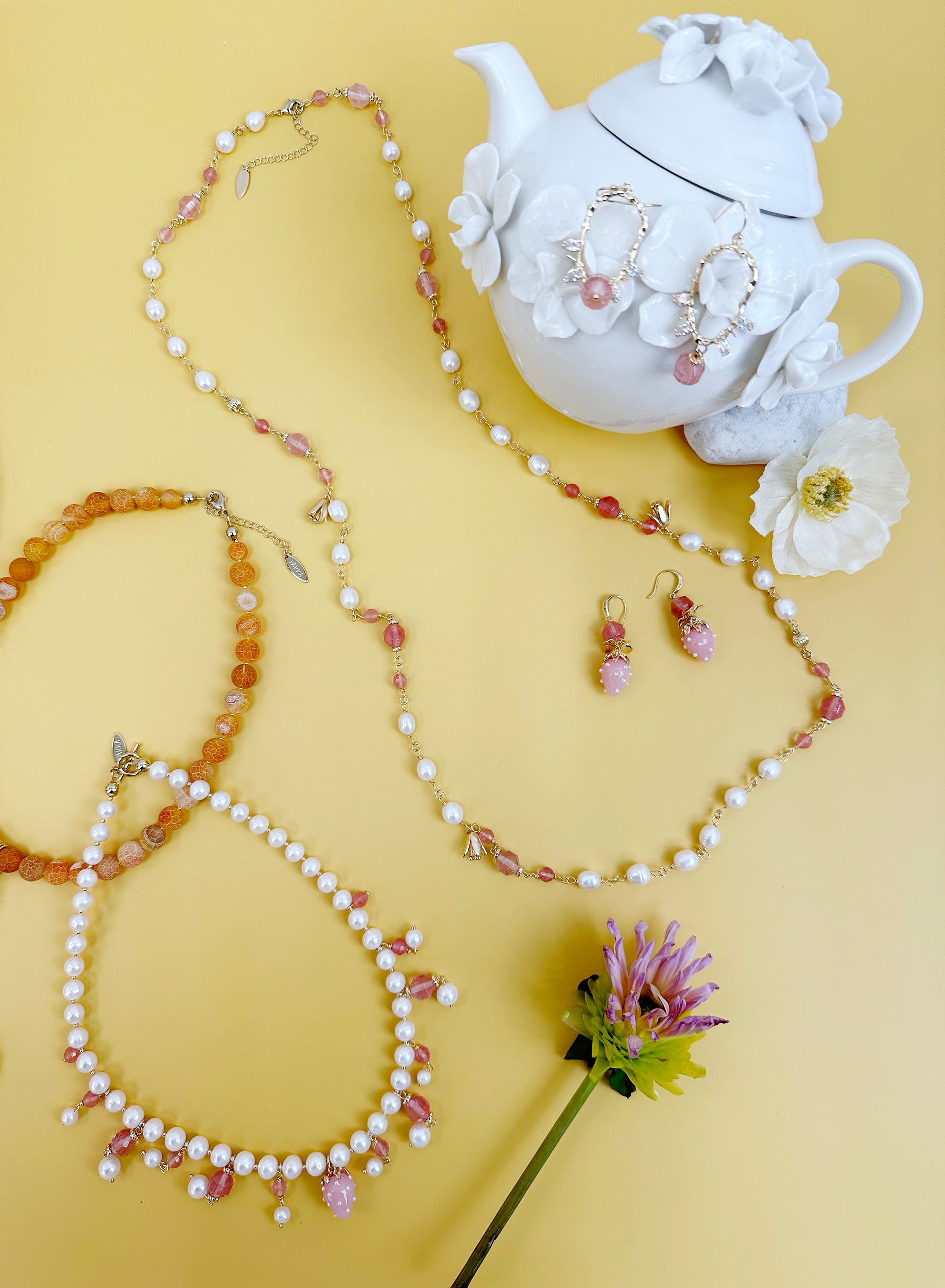 Watermelon Quartz & Freshwater Pearls Multi-Way Adjustable Necklace JN013 - Perfect for Weddings, Parties & Everyday Elegance