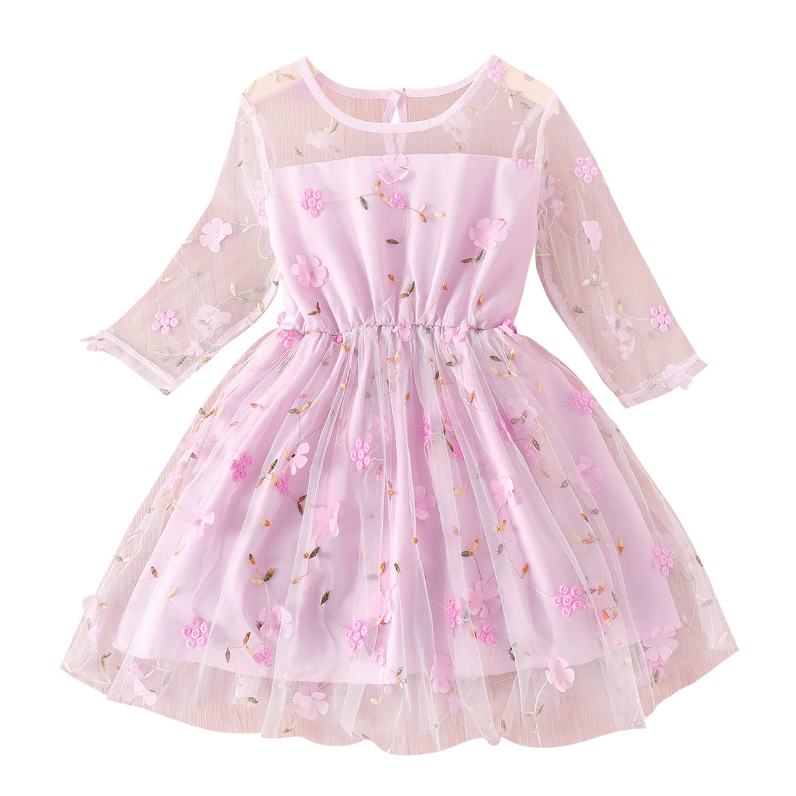 Girls Tea Party Dress Floral Embroidered Mesh Long Sleeve Pink Party Gown - Perfect for Birthday Celebrations, Easter, Flower Girl & Special Occasions