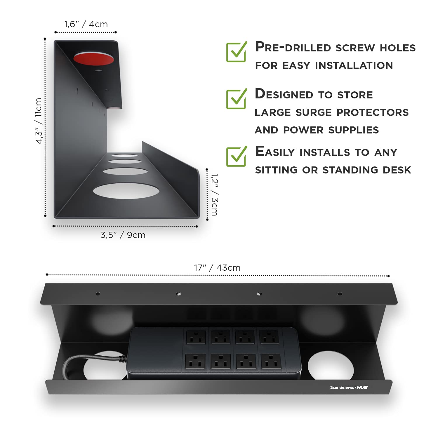 Under Desk Cable Management Tray - No Drill Wire Organizer for Glass & Standing Desks, 17
