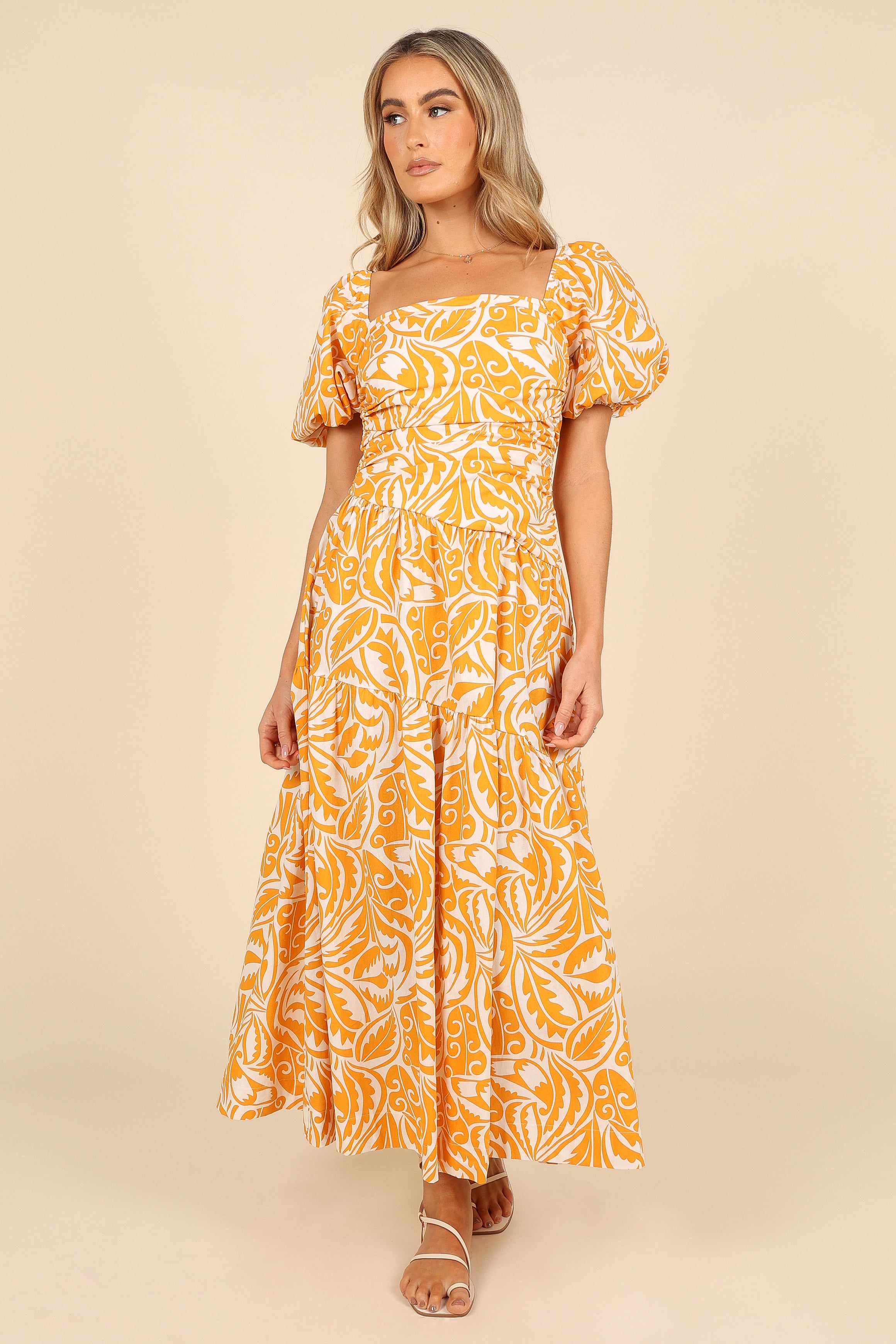 Gaylia Puff Sleeve Midi Dress for Women - Flowy Summer Dress in White & Orange | Perfect for Beach Vacations, Date Nights & Casual Outings