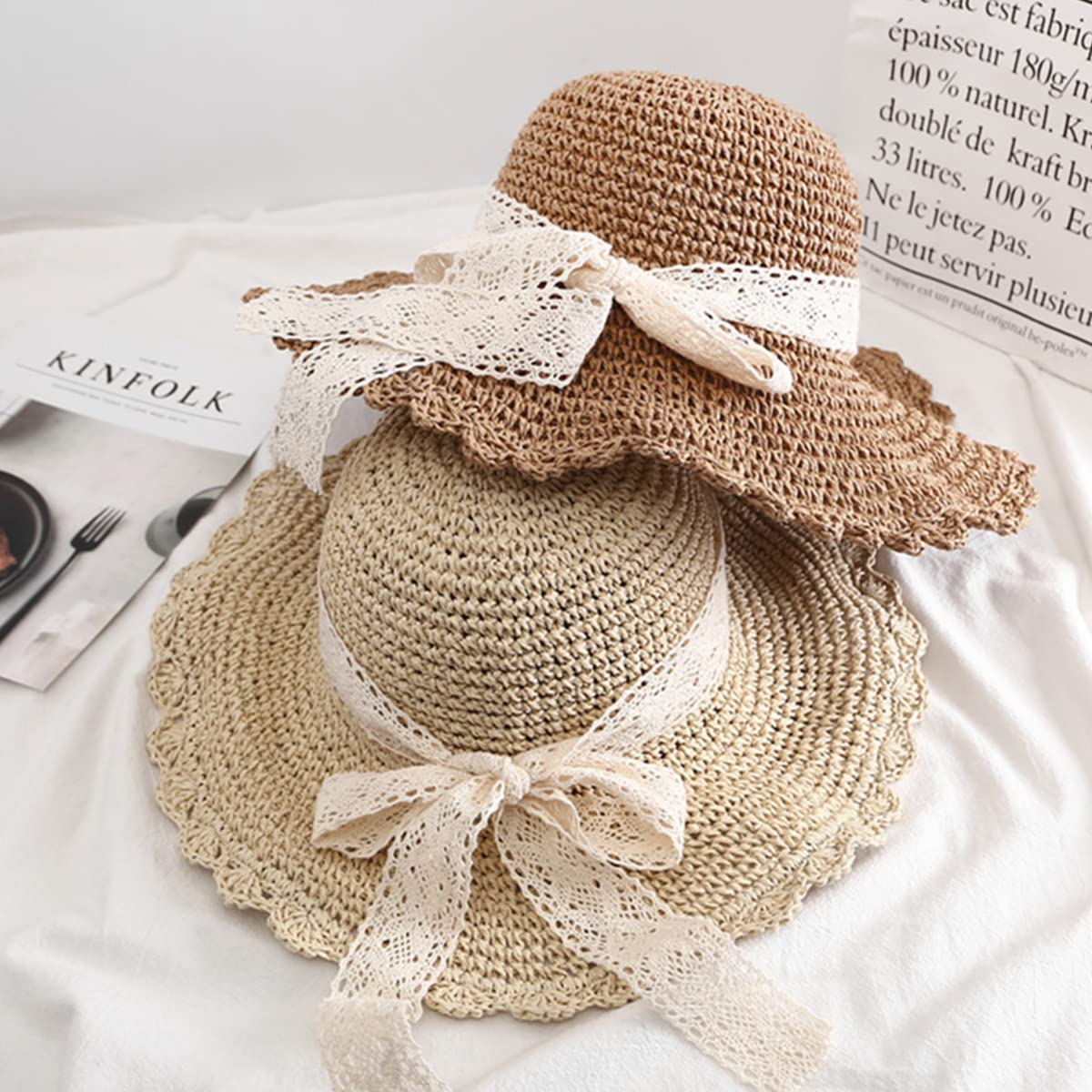 Women's Foldable Wide Brim Straw Sun Hat - UV Protection Packable Beach Hat with Lace Trim - Perfect for Summer Travel, Vacations & Outdoor Activities
