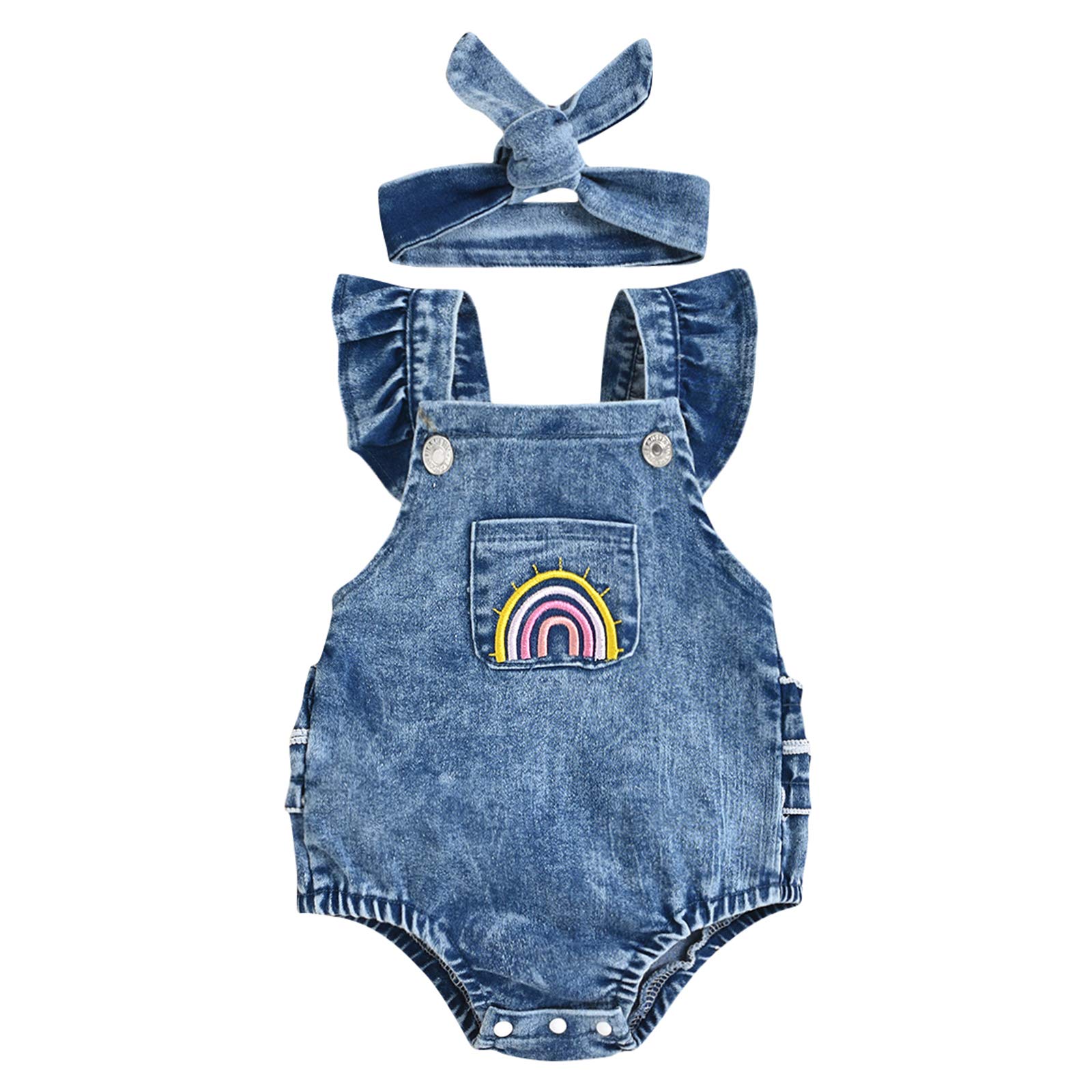 Mubineo Newborn Baby Girl Outfit Set - Rainbow Denim Romper, Bib & Headband | Adorable Infant Fashion for Photos, Parties & Everyday Wear