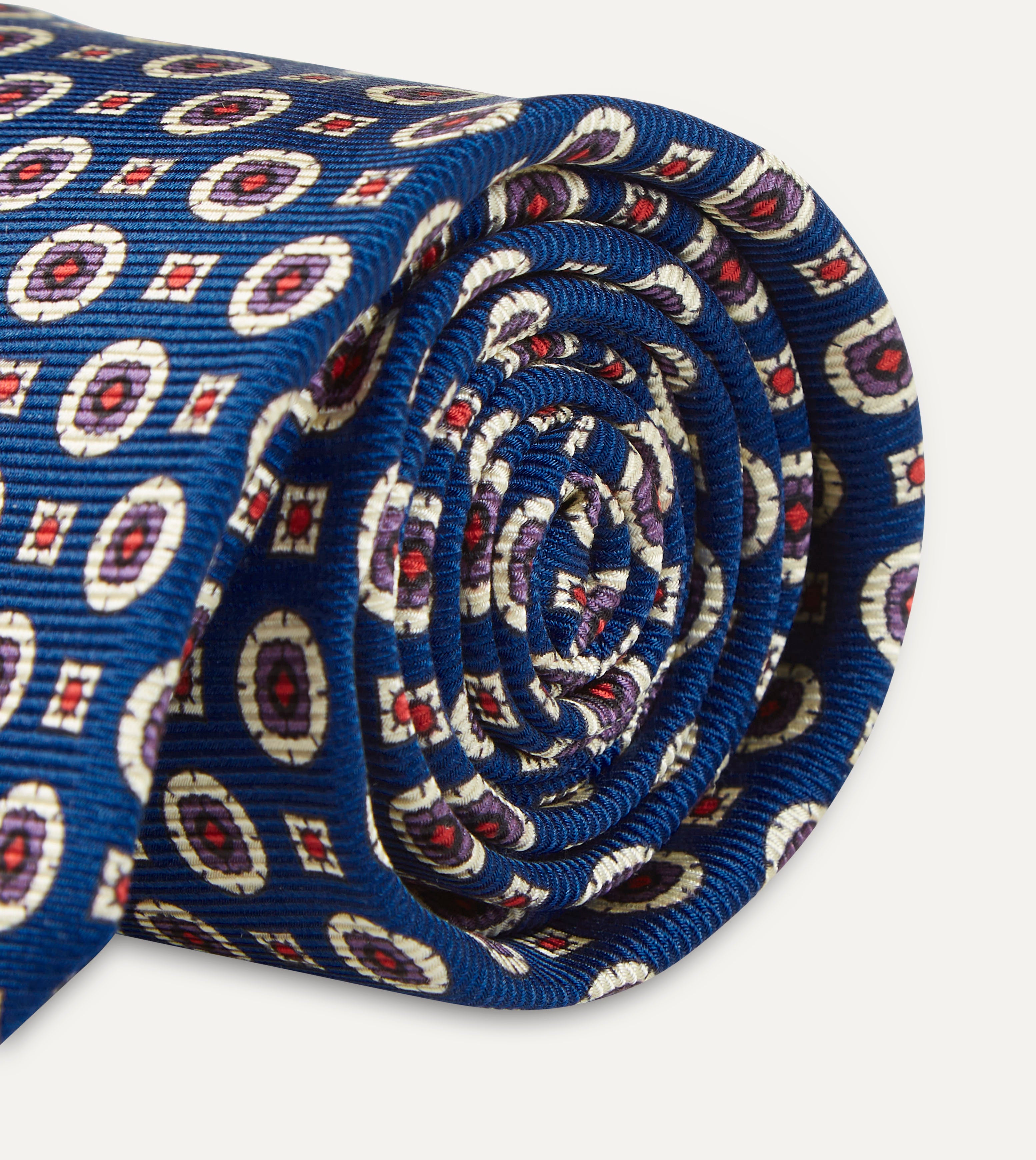 Blue and Red Geometric Medallion Print Silk Foulard Tie for Men - Elegant Designer Necktie for Business, Weddings & Formal Occasions