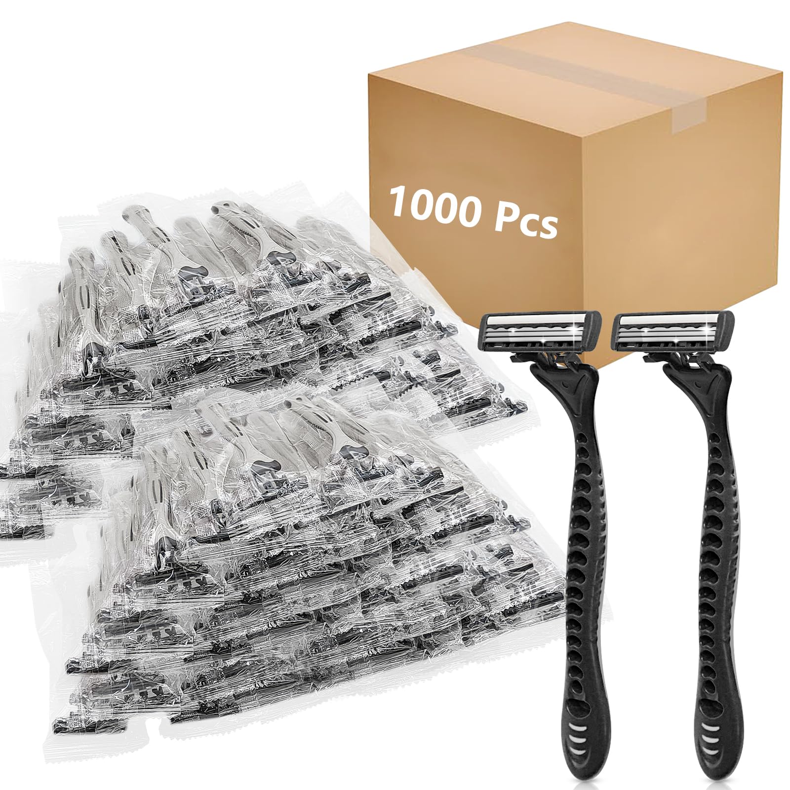 1000 Pack Kheoxusa Disposable Razors - 3 Blade Shaving Razors for Men & Women, Individually Wrapped, Bulk Travel Razors for Airbnb, Hotels, Tattoo Shops, Gyms, Camping & Emergency Kits (Grey Black)