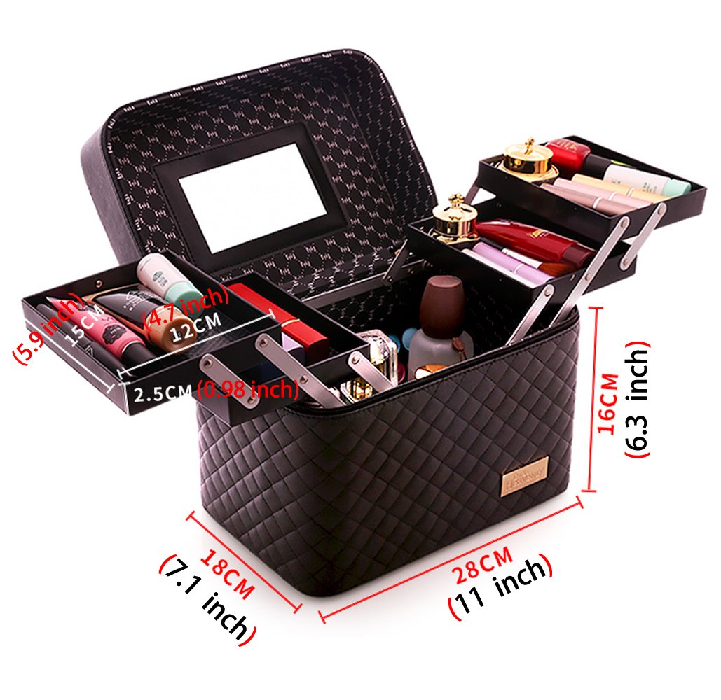Sooyee 4-Layer Foldable Makeup Bag with Mirror - Travel Cosmetic Organizer for Women, Black | Perfect for Travel, Home Storage & Makeup Artists