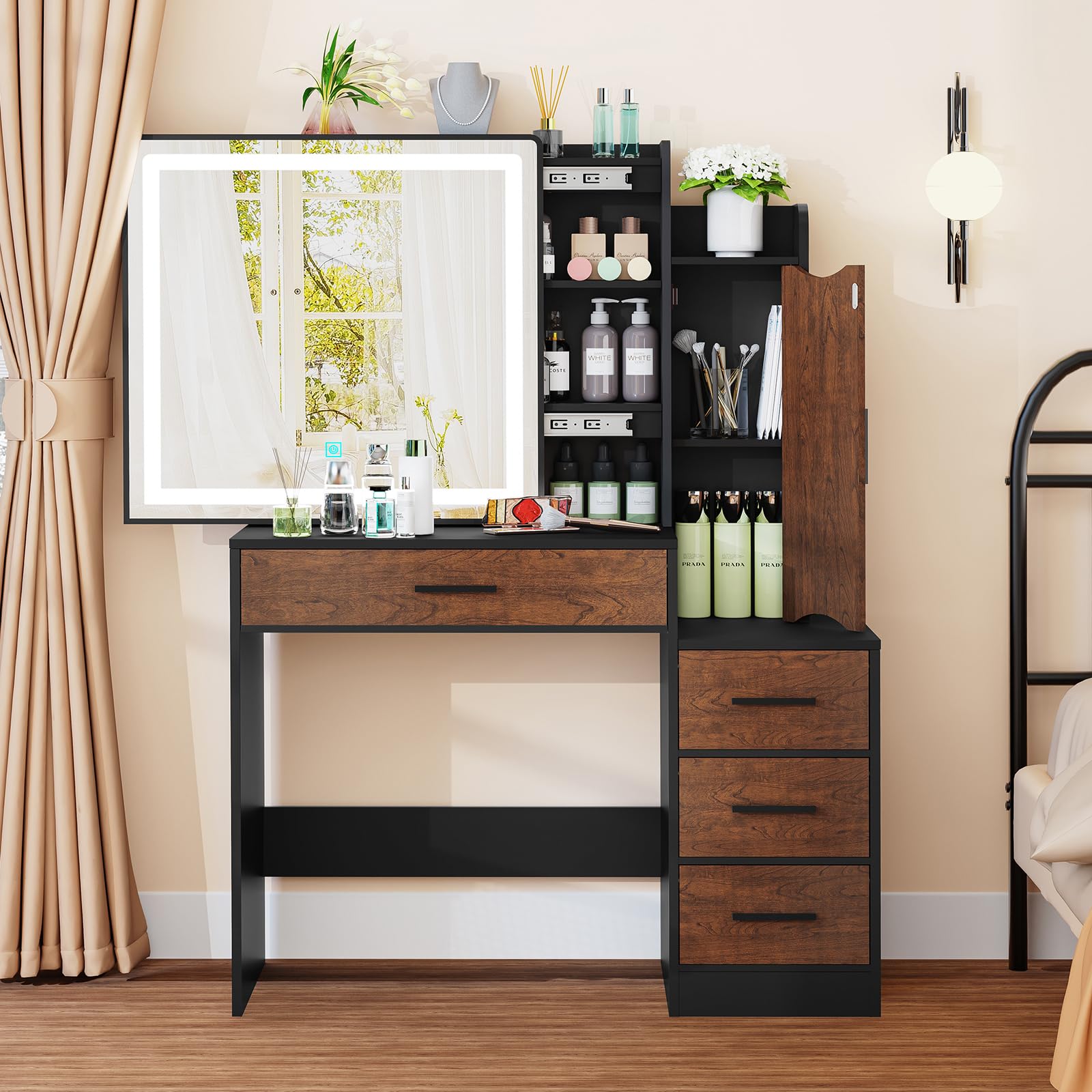 USIKEY Makeup Vanity Desk with LED Lighted Mirror - 4 Drawers & Cabinet, 3 Adjustable Lighting Modes, Black Dressing Table for Bedroom | Perfect for Makeup Application, Skincare Routine & Home Decor