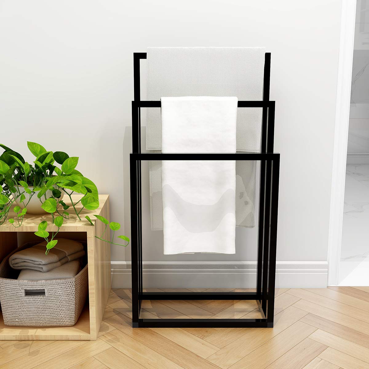 TSLY 3-Tier Freestanding Metal Towel Rack - Heavy Duty Bathroom Storage Organizer for Towels & Washcloths | Space-Saving Drying Shelf for Small Bathrooms, Laundry Rooms & Kitchens (Black)