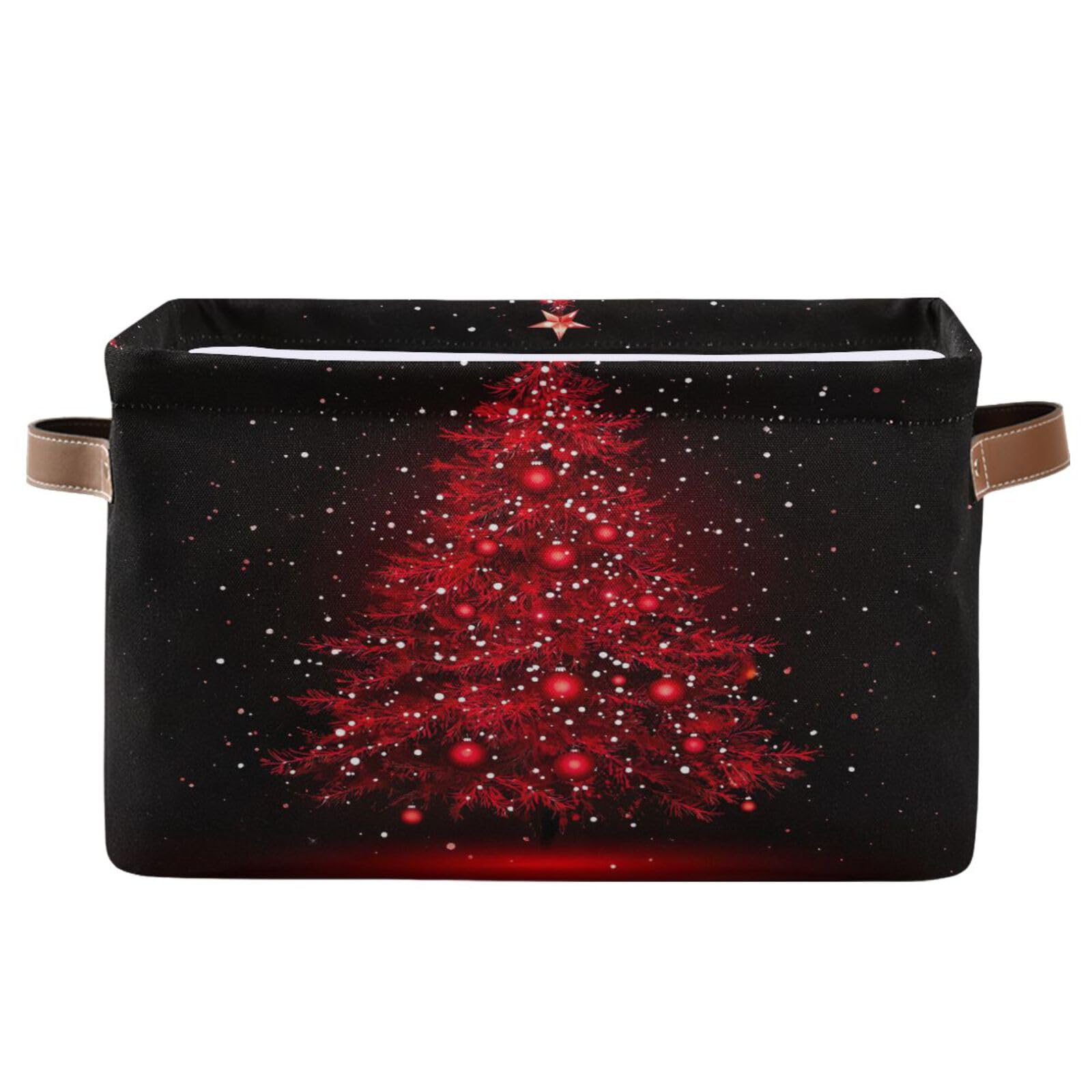 Joisal Red Christmas Tree Fabric Storage Bins 2-Pack - 14x10x8 Inch Large Closet Organizers with Handles - Perfect for Holiday Decor Storage, Shelving Organization & Bedroom Closet