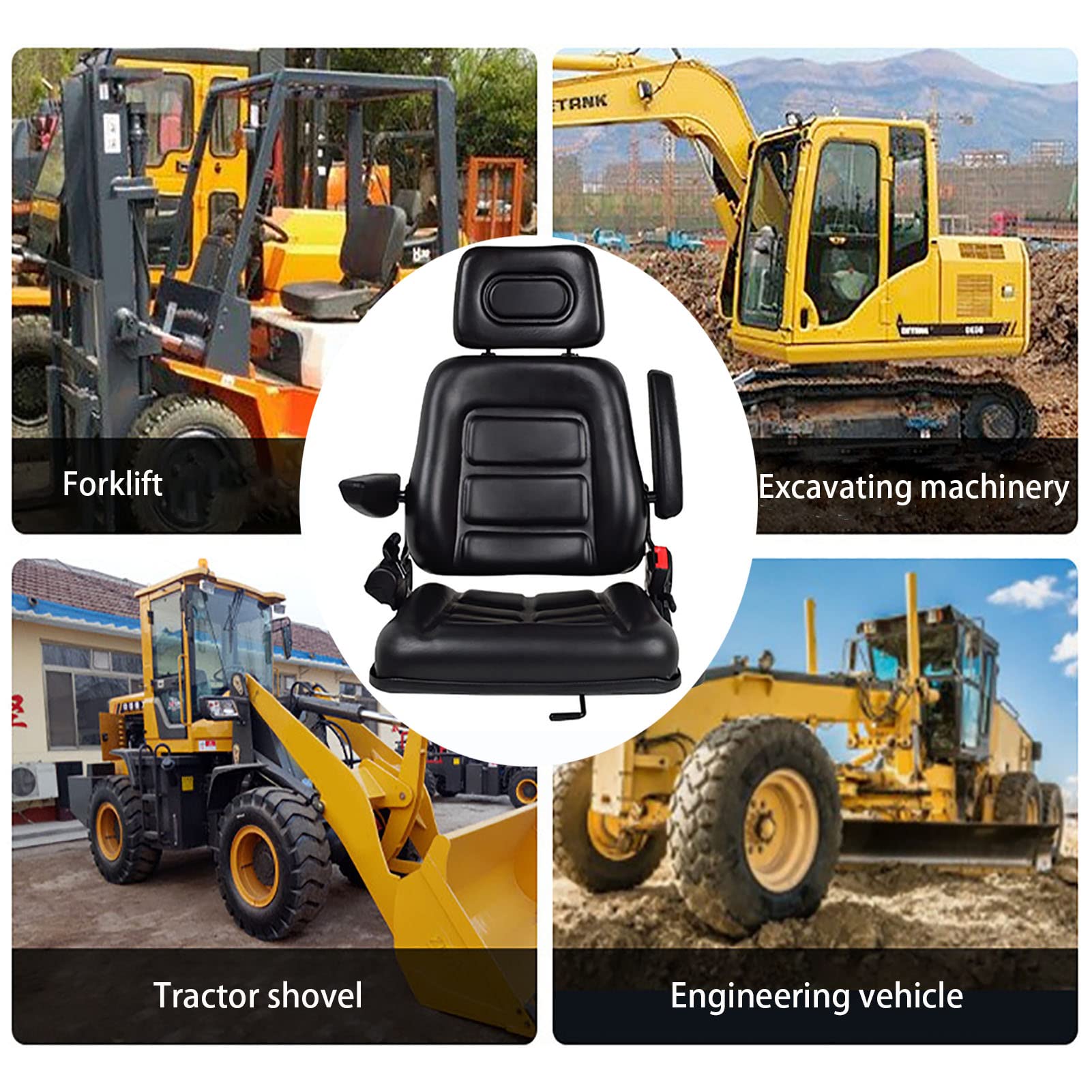 Universal Lawn Mower Seat with Adjustable Backrest & Slide Rail - Waterproof Tractor Seat with Armrests, Headrest & Seatbelt - Fits Garden Tractors, Loaders, Forklifts, Excavators & Dozers - Perfect for Landscaping, Farming & Construction Work