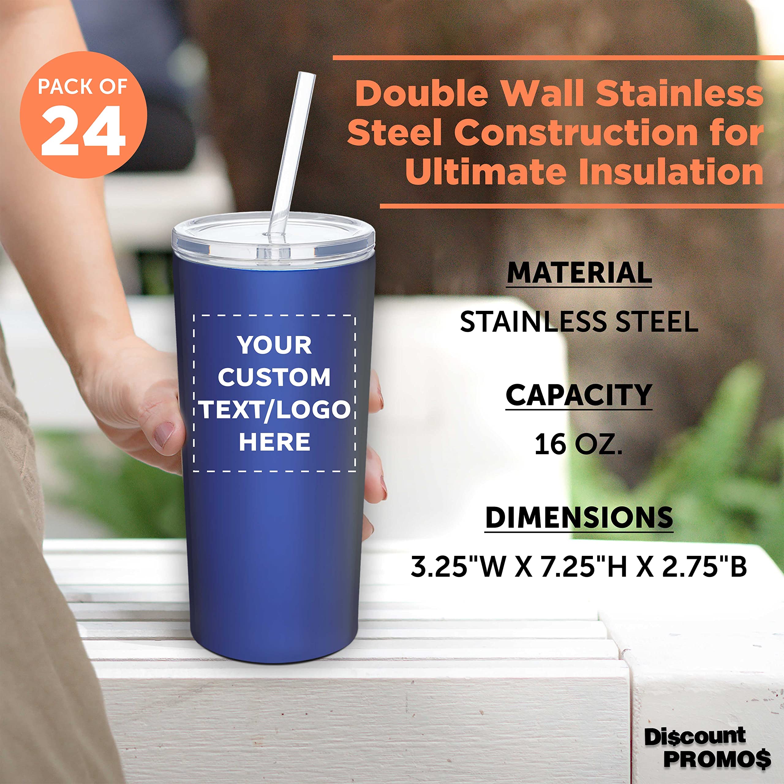24-Pack Mira Stainless Steel Tumblers with Straws - 16oz Double Wall Insulated Cups - Customizable Text & Logo - Tritan Lid - Blue - Perfect for Office, Gym, Travel & Outdoor Activities