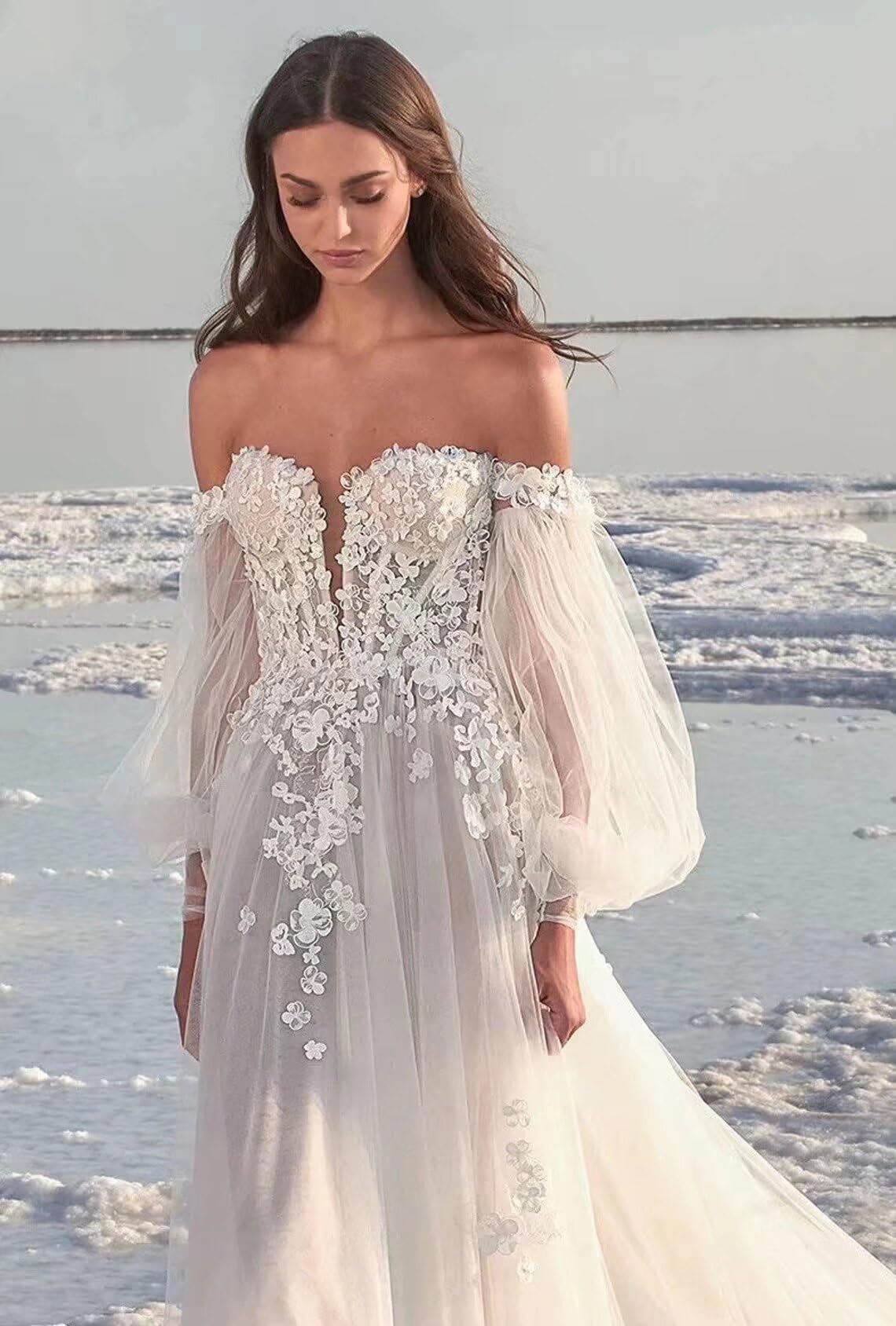 Smileven Women's Lace Applique Wedding Dress 2022 - Elegant Tulle Bridal Gown for Bride | Perfect for Church Ceremony, Beach Wedding & Formal Reception