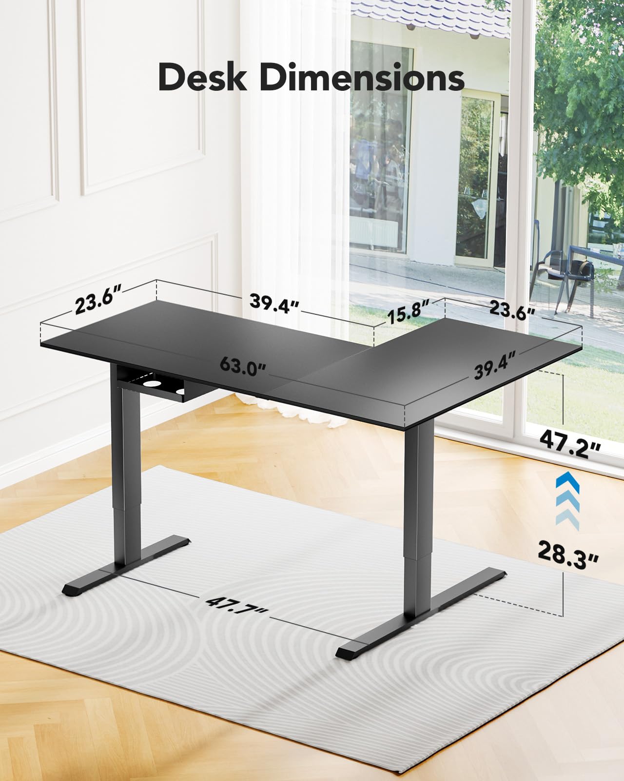 HUANUO 63 x 40 inch Electric Standing Desk - Dual Motor L-Shaped Adjustable Height Computer Desk with 3 Memory Presets, 2 Hooks & Cable Management Tray | Ergonomic Home Office Workstation for Standing & Sitting (Black) - Perfect for Remote Work, Gaming Setup, and Study Room