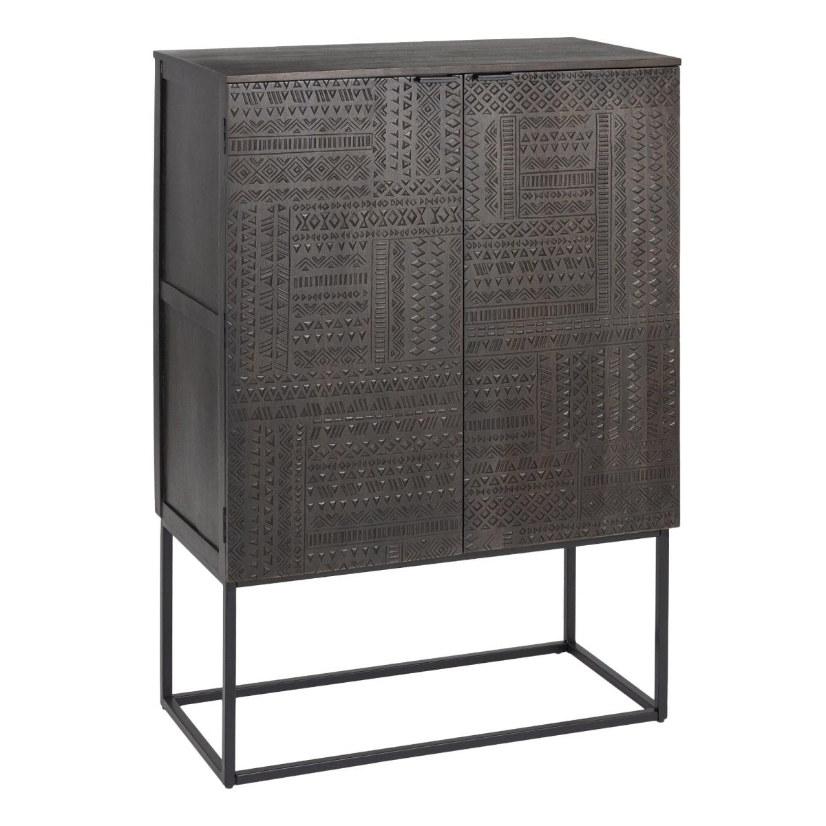 Hand Carved Black Geometric Wooden Bar Cart with Wine Storage | Modern Home Bar Cabinet for Living Room, Dining Room & Kitchen Decor