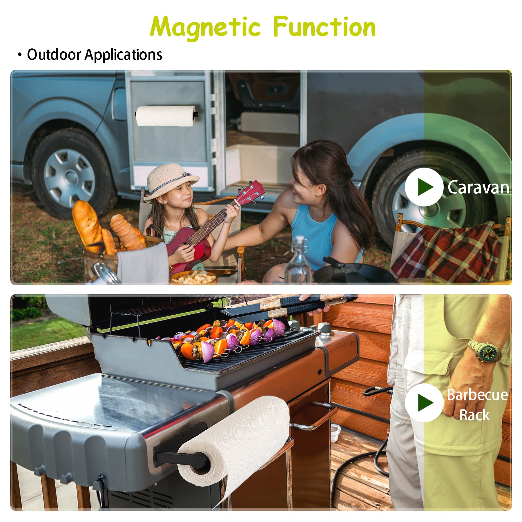 OBODING 3-in-1 Magnetic Paper Towel Holder - Strong Magnetic Backing for Kitchen, Refrigerator, Grill, Garage, Toolbox & RV - Space-Saving Black Kitchen Organizer - Perfect for Cooking, Camping & DIY Projects