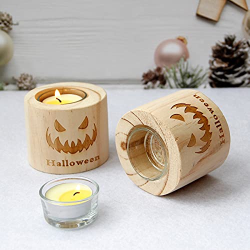 Handmade Personalized Pumpkin Print Glass & Wooden Candle Holder - Halloween Home Decor Cylindrical Candle Stand (Style 1) | Perfect for Fall Centerpieces, Thanksgiving Table Settings & Spooky Party Decorations