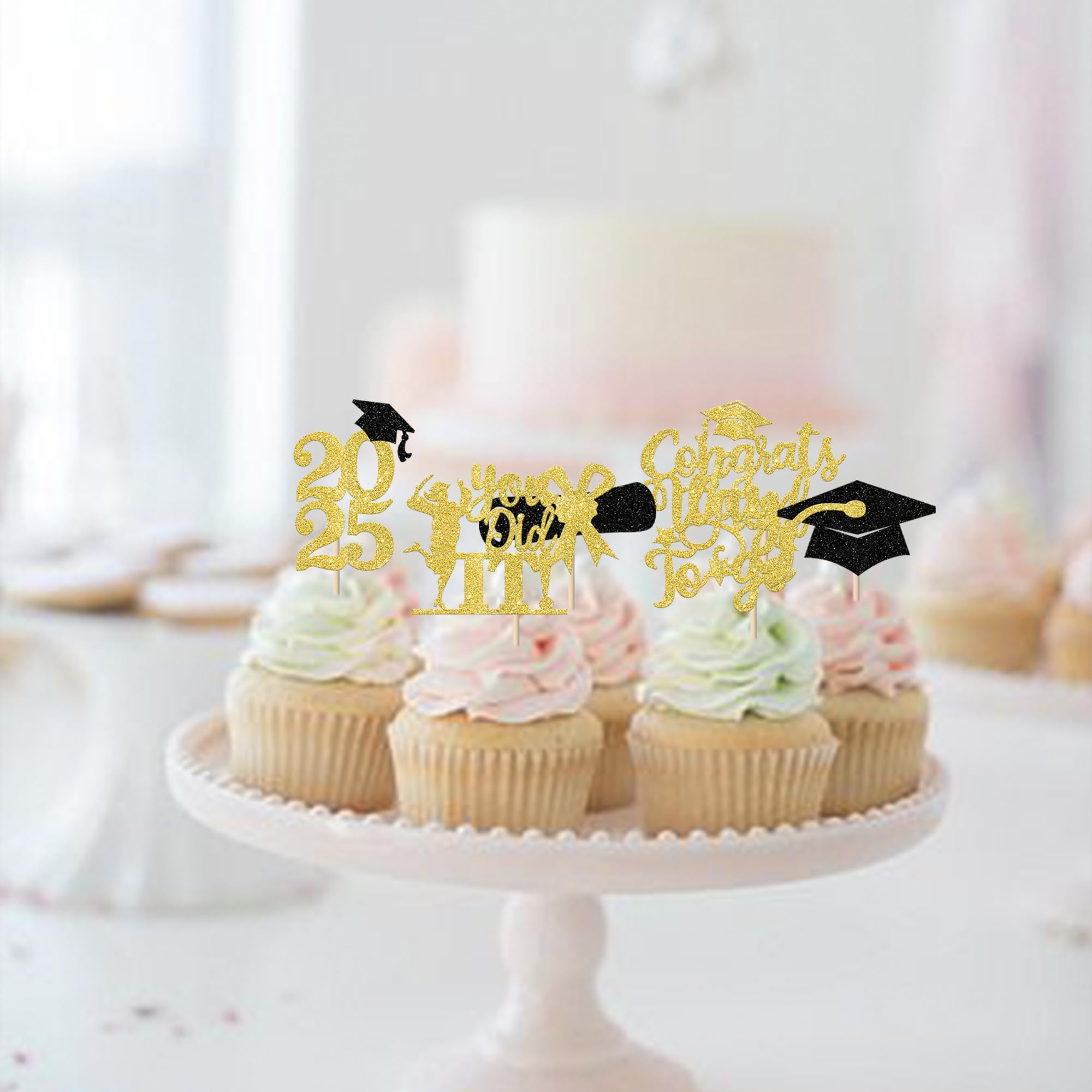 24 Pack Lawyer Graduation Cupcake Toppers - Class of 2025 Glitter Grad Cap Law School Survivor Cake Decorations - Gold Cupcake Picks for 2025 Lawyer Graduation Party, Birthday & Celebration Supplies
