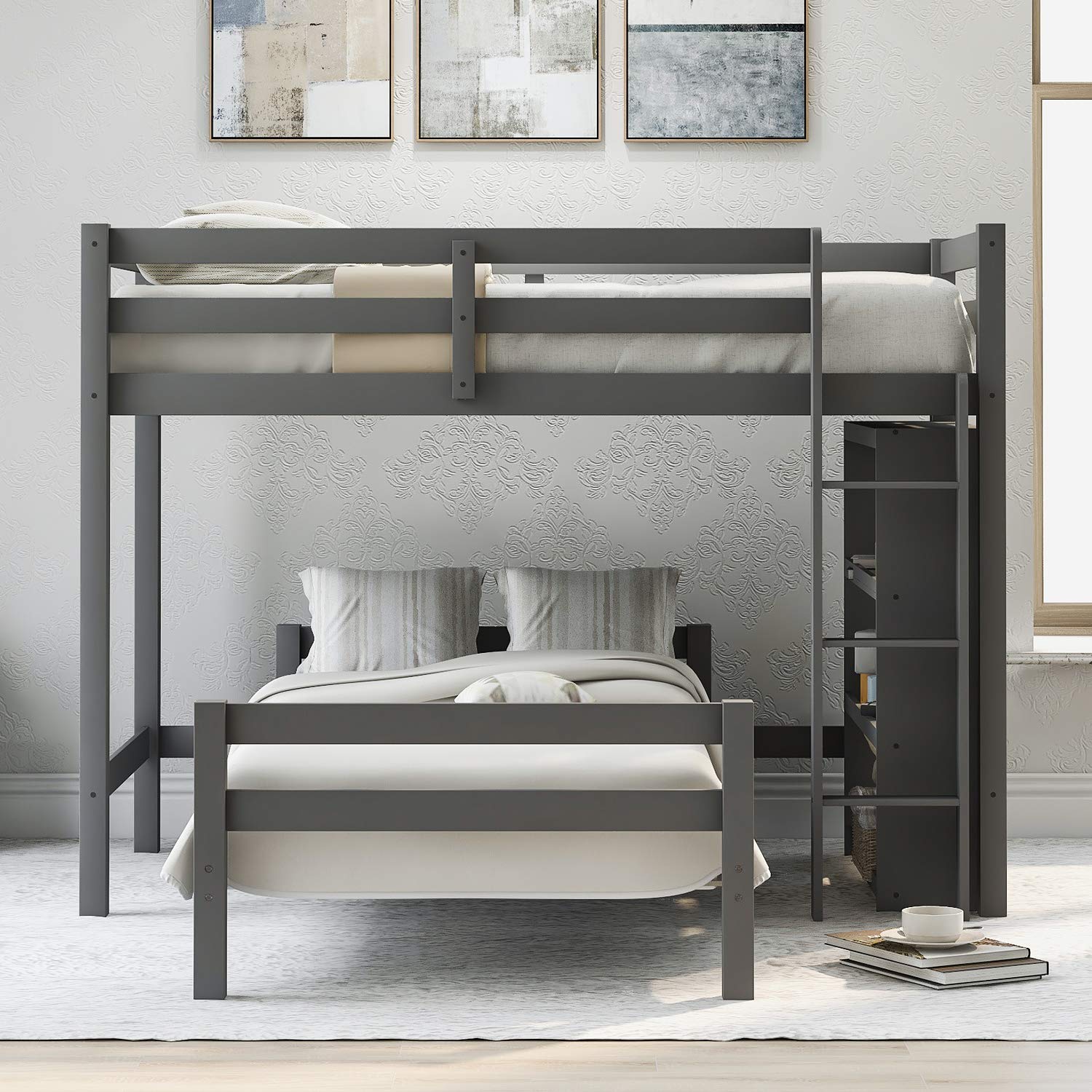 Solid Wood Twin Over Twin L-Shaped Bunk Bed with Shelves & Ladder - Convertible to Loft Bed & Twin Platform Bed, No Box Spring Needed (Grey & Pinewood) - Perfect for Kids' Bedrooms, Guest Rooms & Small Spaces