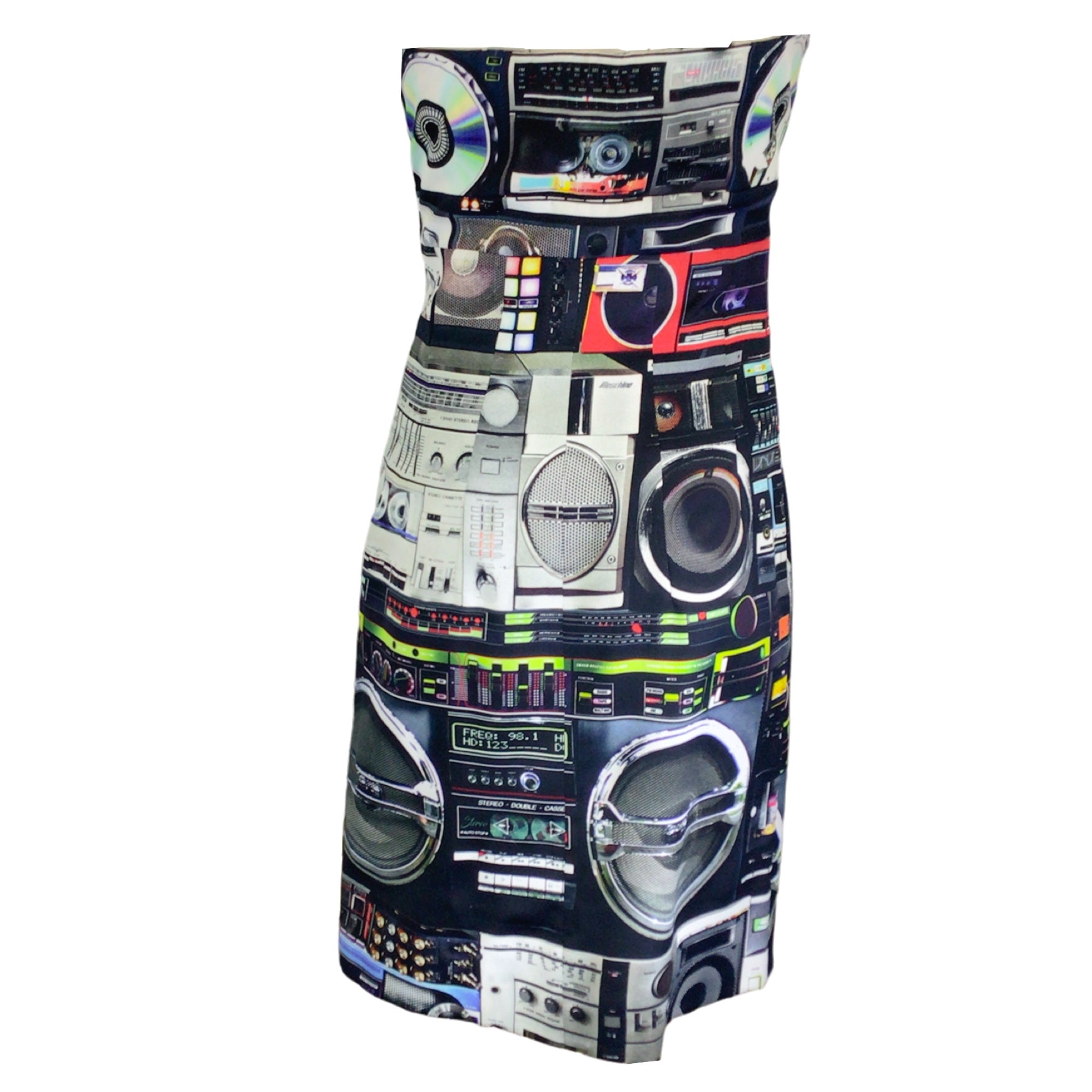 Moschino Couture Black Multi 2019 Stereo Print Strapless Crepe Mini Dress - Sexy Party Cocktail Dress for Women, Perfect for Night Out, Club Wear and Special Occasions