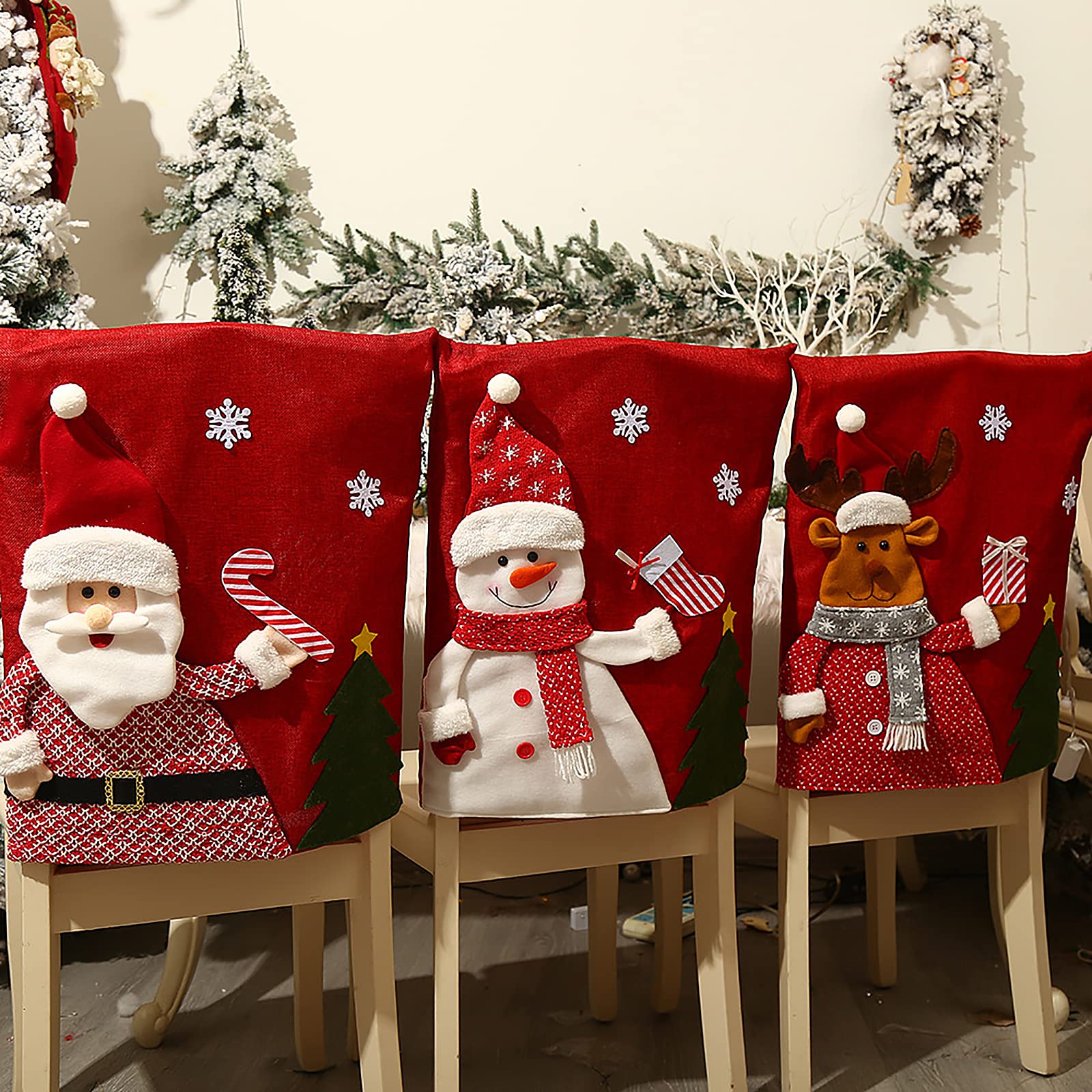 Santa Snowman Elk Christmas Chair Covers Set of 3 - Holiday Dining Chair Back Covers for Christmas Banquet, Kitchen & Dining Room Decor | Perfect for Holiday Parties, Family Gatherings & Festive Home Decoration