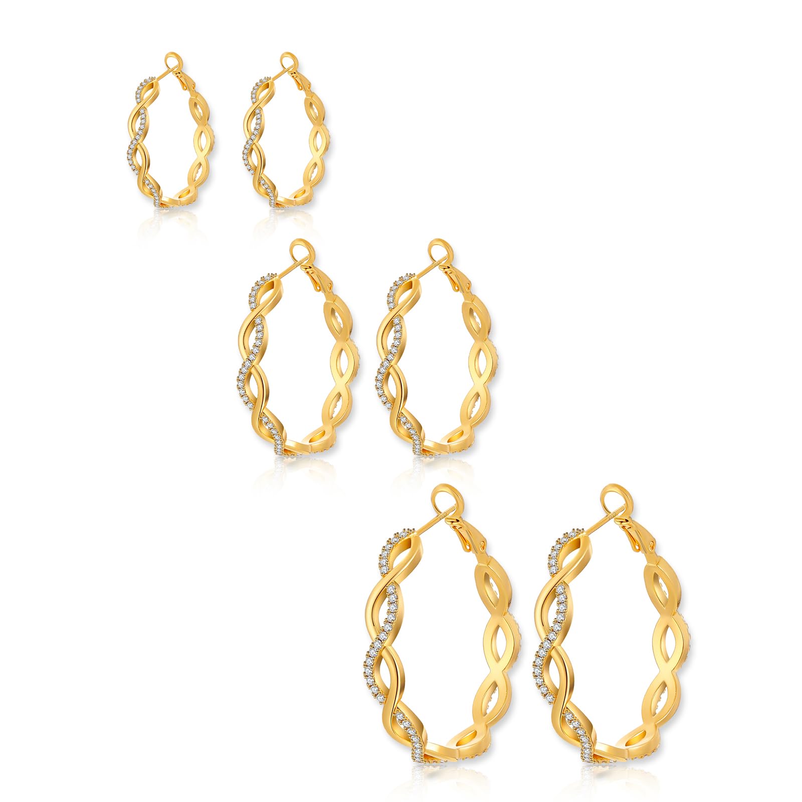 TOPBRIGHT 3 Pairs 925 Sterling Silver Hoop Earrings for Women - Lightweight Huggie Earrings, Twisted Hoops with Cubic Zirconia, Hypoallergenic Jewelry (20mm/30mm/40mm) - Perfect for Everyday Wear, Date Night & Gifts