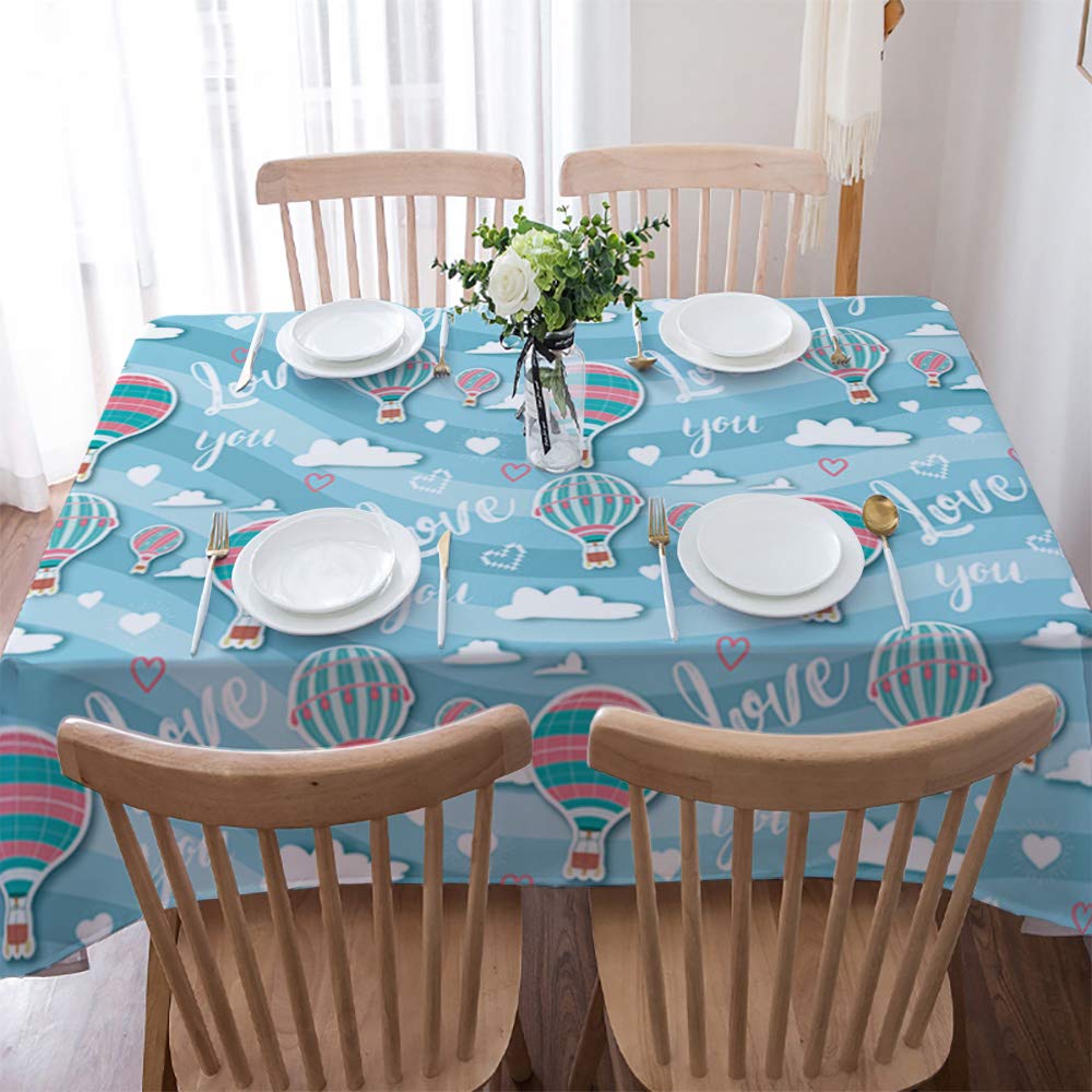 Valentine's Day Cotton Linen Tablecloth with Hot Air Balloons & Hearts - Blue Romantic Table Cover for Weddings, Anniversaries, Dinner Parties & Special Occasions | Perfect for Valentine's Decor, Anniversary Celebrations & Romantic Dining