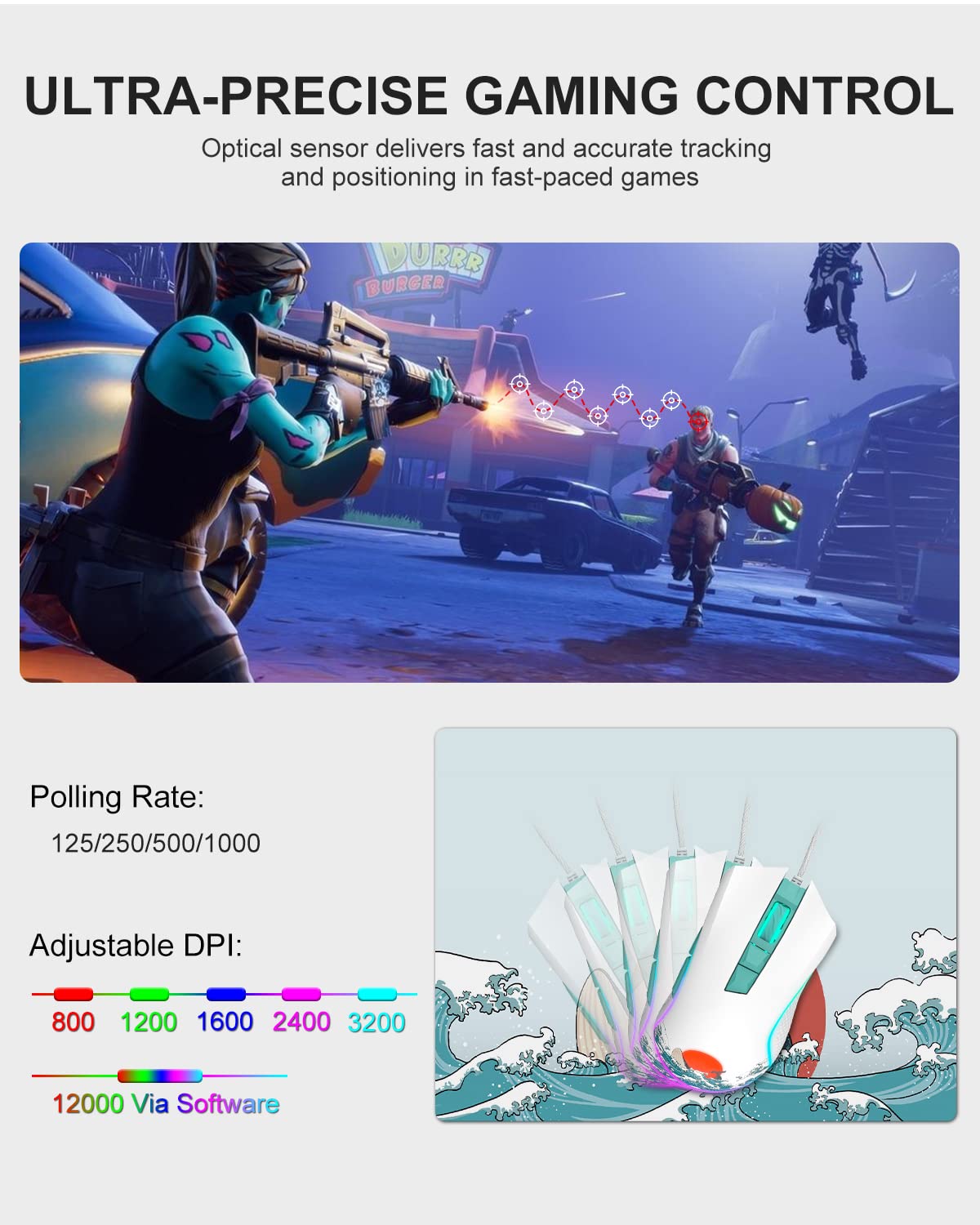 COSTOM G705 Wired RGB Gaming Mouse - 12000DPI Adjustable, 7 Programmable Buttons - USB PC Gaming Mouse for Windows/Mac Laptop - Coral Sea Theme - Perfect for FPS, MOBA & MMO Games