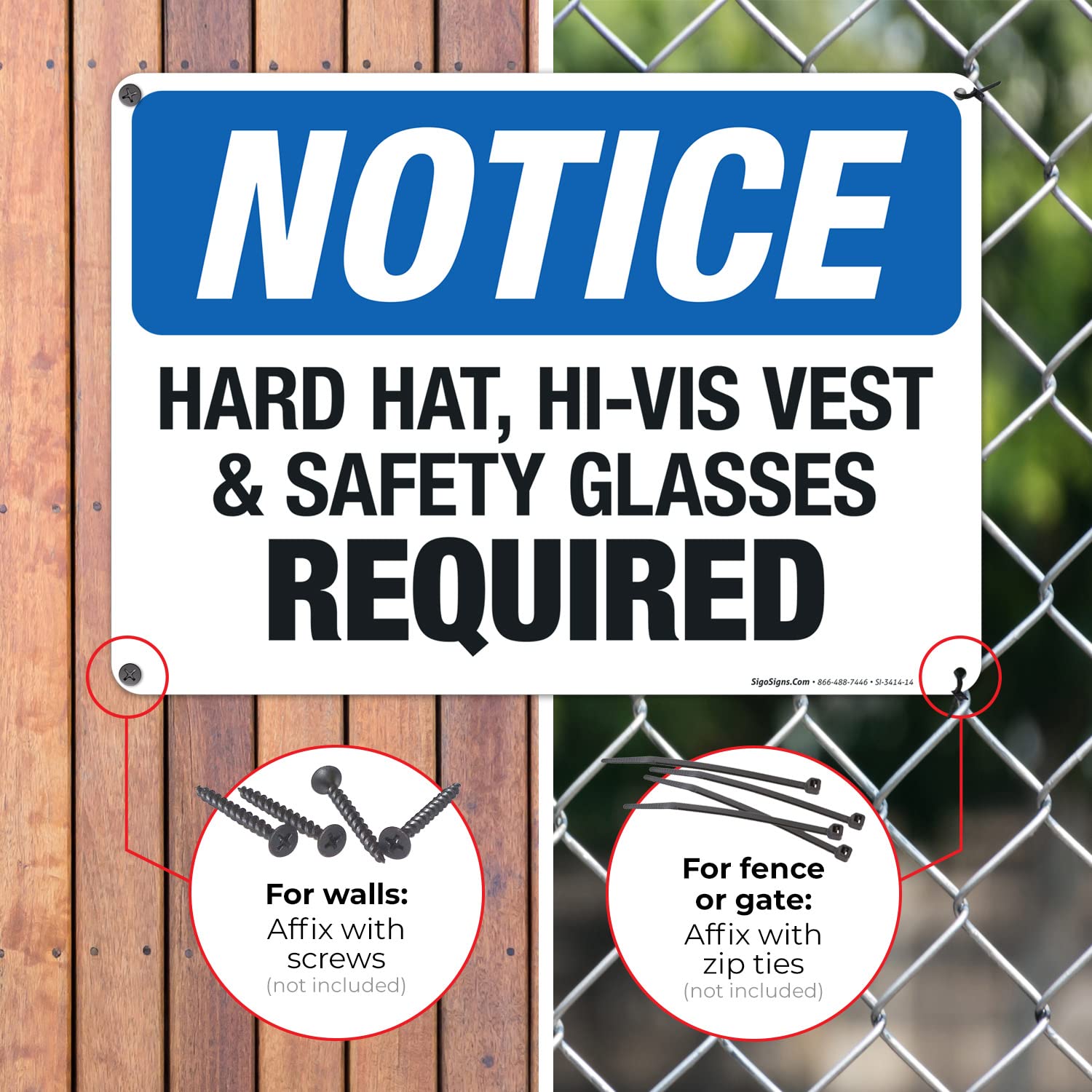 OSHA Compliant Hard Hat Hi-Vis Vest & Safety Glasses Required Sign - 10x14 Inches Rust-Free .040 Aluminum Safety Sign - Fade Resistant for Indoor/Outdoor Use - Made in USA - Perfect for Construction Sites, Warehouses & Industrial Facilities