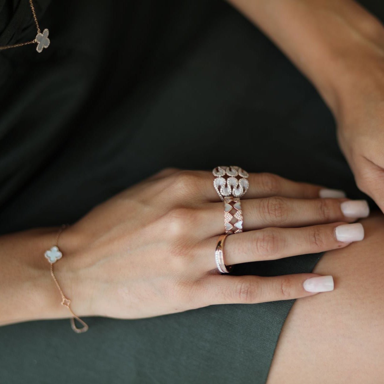 14K Rose Gold Abstract Swirl Mother of Pearl and Diamond Cocktail Ring - Elegant Statement Jewelry for Evening Parties & Special Occasions