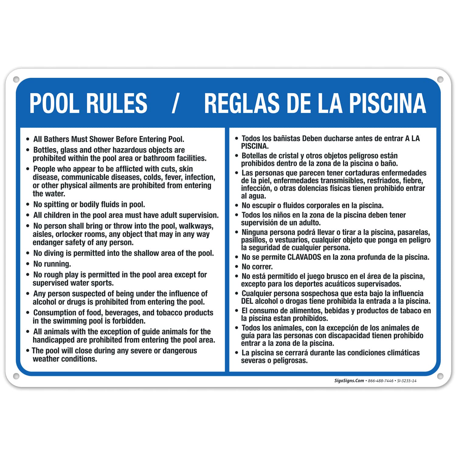 Bilingual Pool Rules Sign - English & Spanish, 10x14 Inch Rust-Free .040 Aluminum, Fade-Resistant, Easy Mounting for Indoor/Outdoor Use | Made in USA | Perfect for Community Pools, Backyard Swim Areas & Water Parks