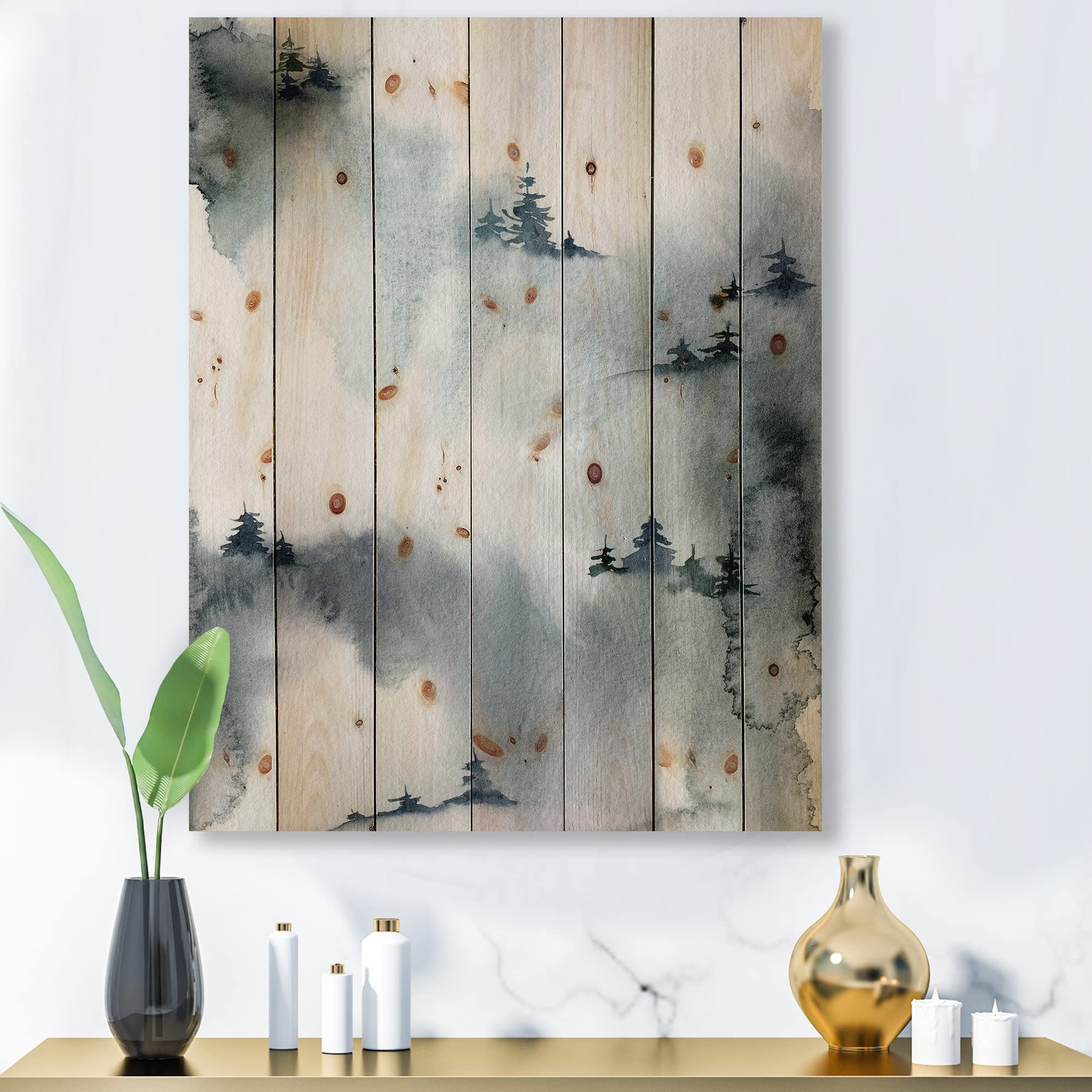 Minimalist Winter Forest Wood Wall Art - Modern Grey Pine Decor for Living Room