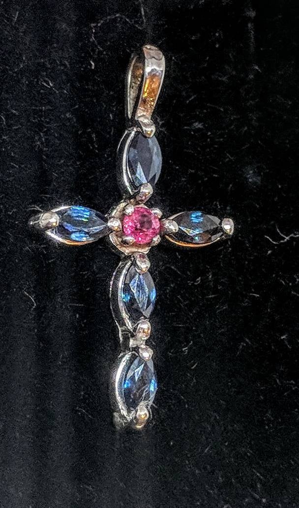 Custom 14K Gold or Sterling Silver Blue Sapphire & Ruby Cross Pendant - Religious Jewelry for Gifts, Baptism & Special Occasions