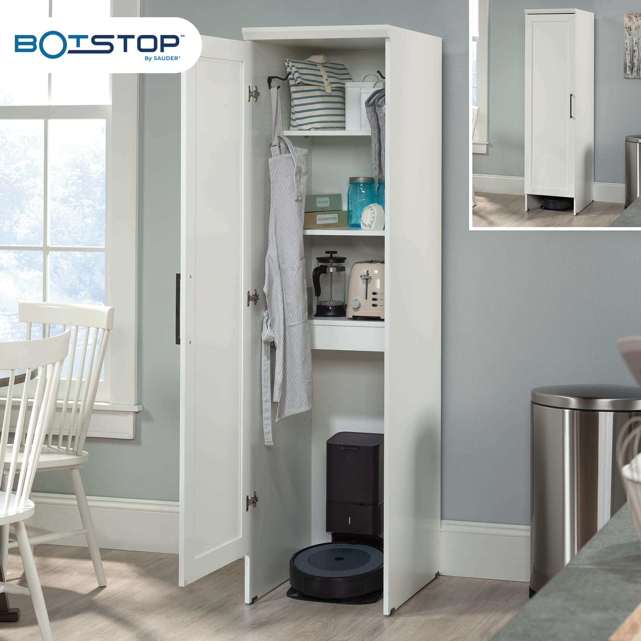 Sauder HomePlus Single Door Kitchen Pantry Storage Cabinet with Adjustable Shelves - White Laundry Organizer & Robot Vacuum Storage | Perfect for Small Spaces, Apartments & Closet Organization