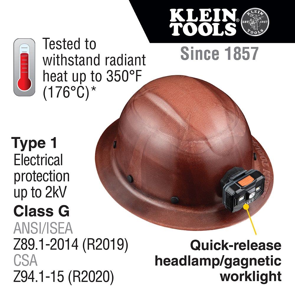 Klein Tools 60447 Full Brim Class G KONSTRUCT Series Hard Hat with Rechargeable Headlamp & 60181 Cooling Helmet Liner - Brown Construction Safety Gear for Electricians, Linemen, and Outdoor Workers