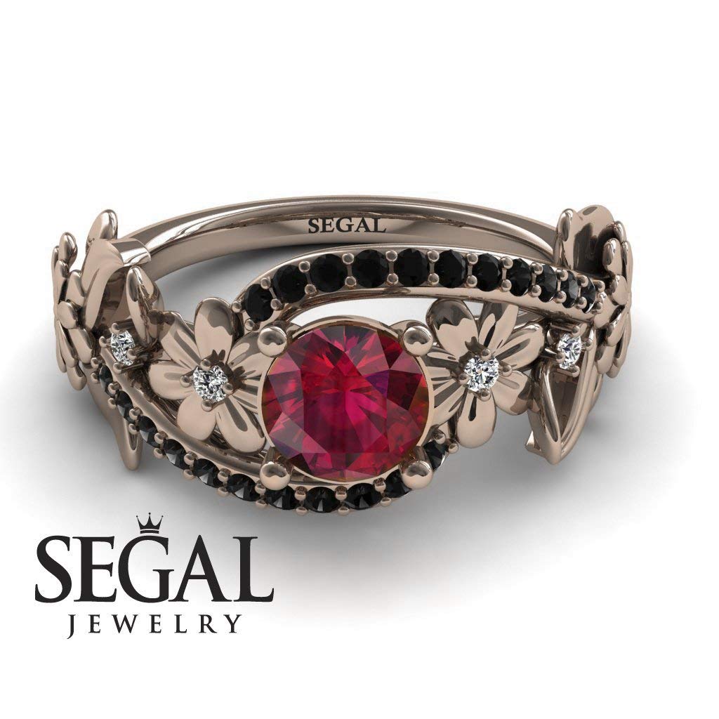 Exquisite 14K Red Gold Floral Engagement Ring with Ruby, White & Black Diamonds - Perfect for Proposals, Anniversaries & Romantic Occasions