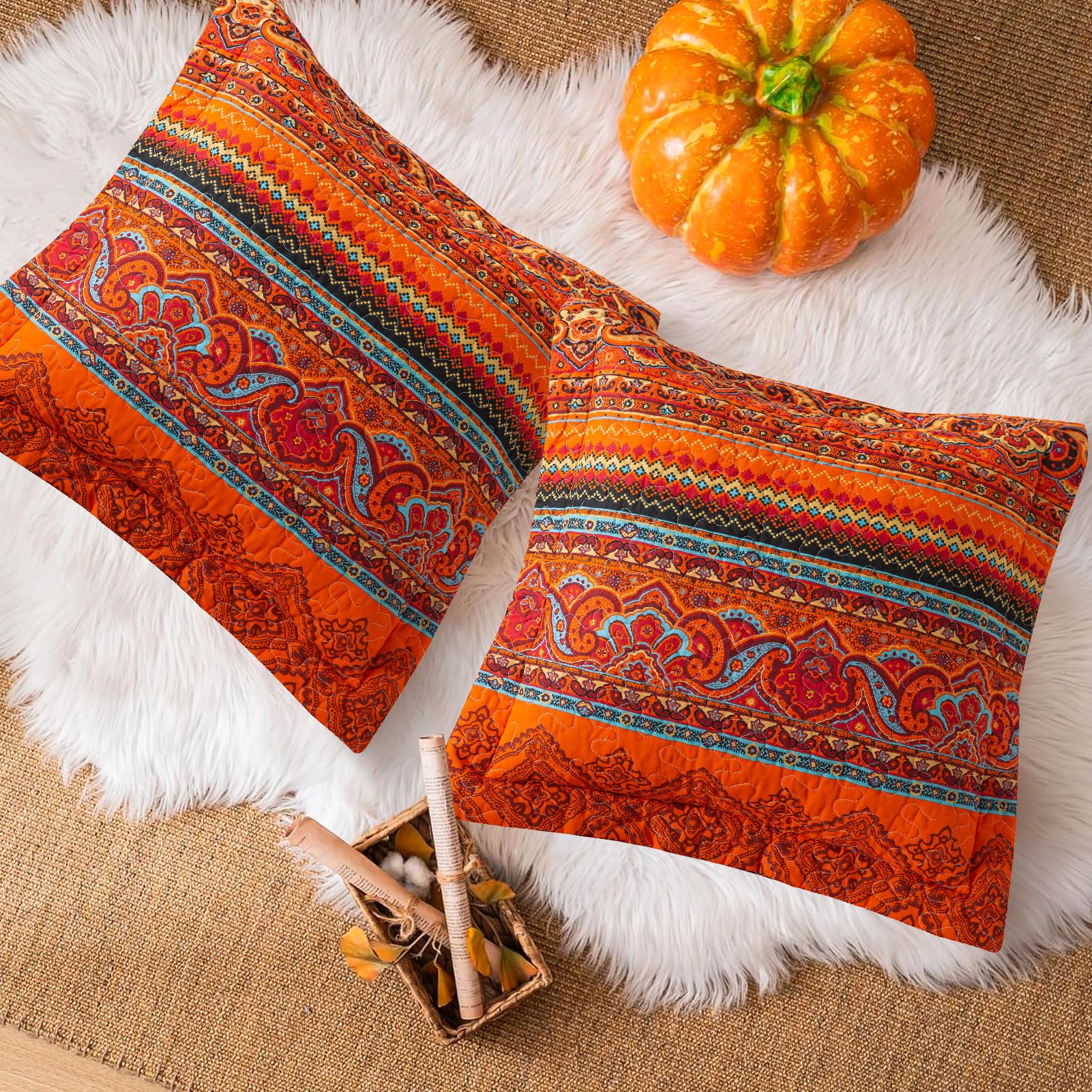 Boho Decorative Throw Pillow Covers Set of 2 - 18x18 Inch Square Farmhouse Cushion Covers for Couch, Bed & Sofa - Red Striped Jacquard Pattern - Perfect for Living Room, Bedroom & Home Decor