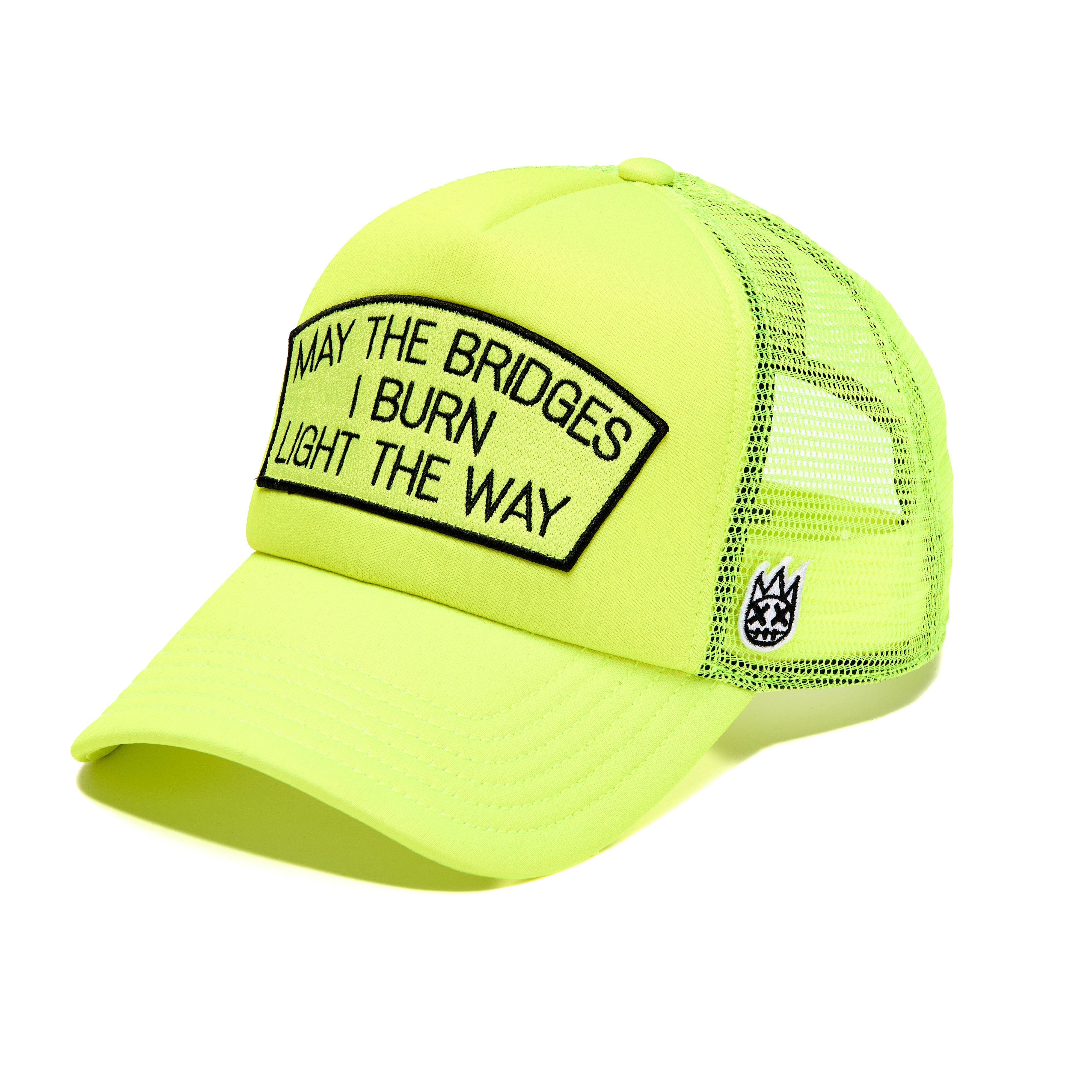 MAY THE BRIDGES I BURN Mesh Back Trucker Hat - Neon Yellow Adjustable Snapback Cap for Outdoor Activities, Concerts & Streetwear Fashion