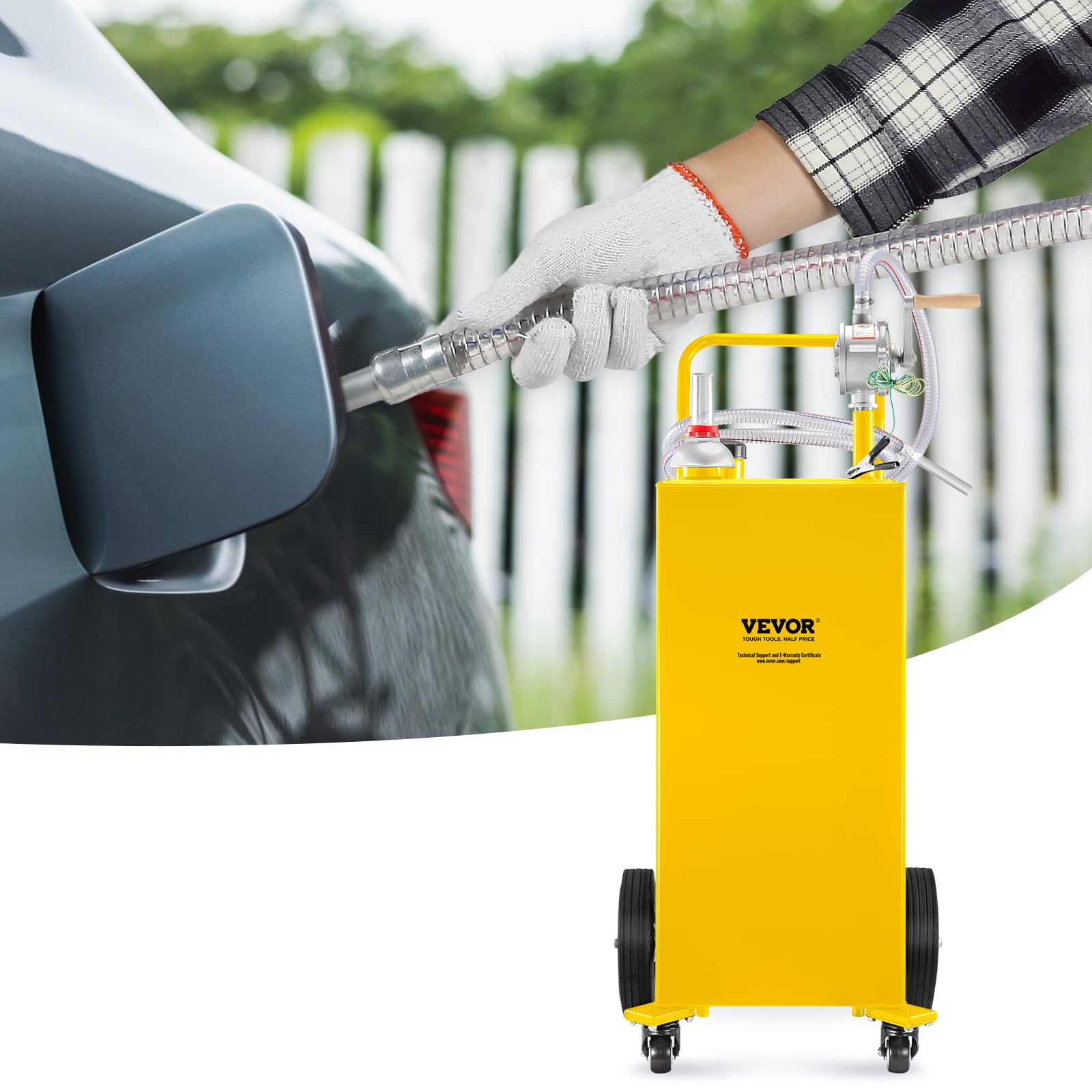 VEVOR 35 Gallon Fuel Caddy with Manual Transfer Pump - 4-Wheel Gas & Diesel Storage Tank for Cars, Lawn Mowers, ATVs, Boats - Portable Fuel Container for Garage, Farm, Construction & Outdoor Use - Yellow