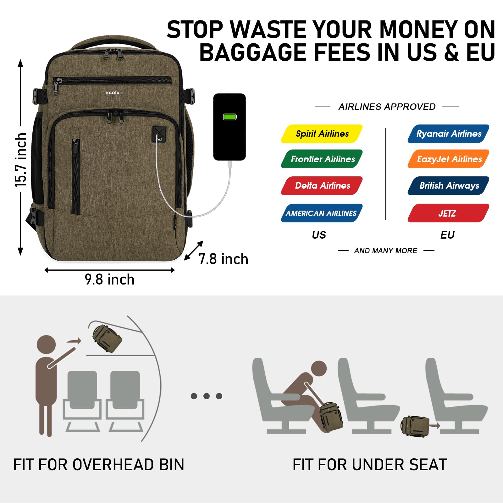 ECOHUB 16 Inch Laptop Backpack for Women & Men - Water Resistant Brown College School Backpack for Travel, Work & Daily Commute