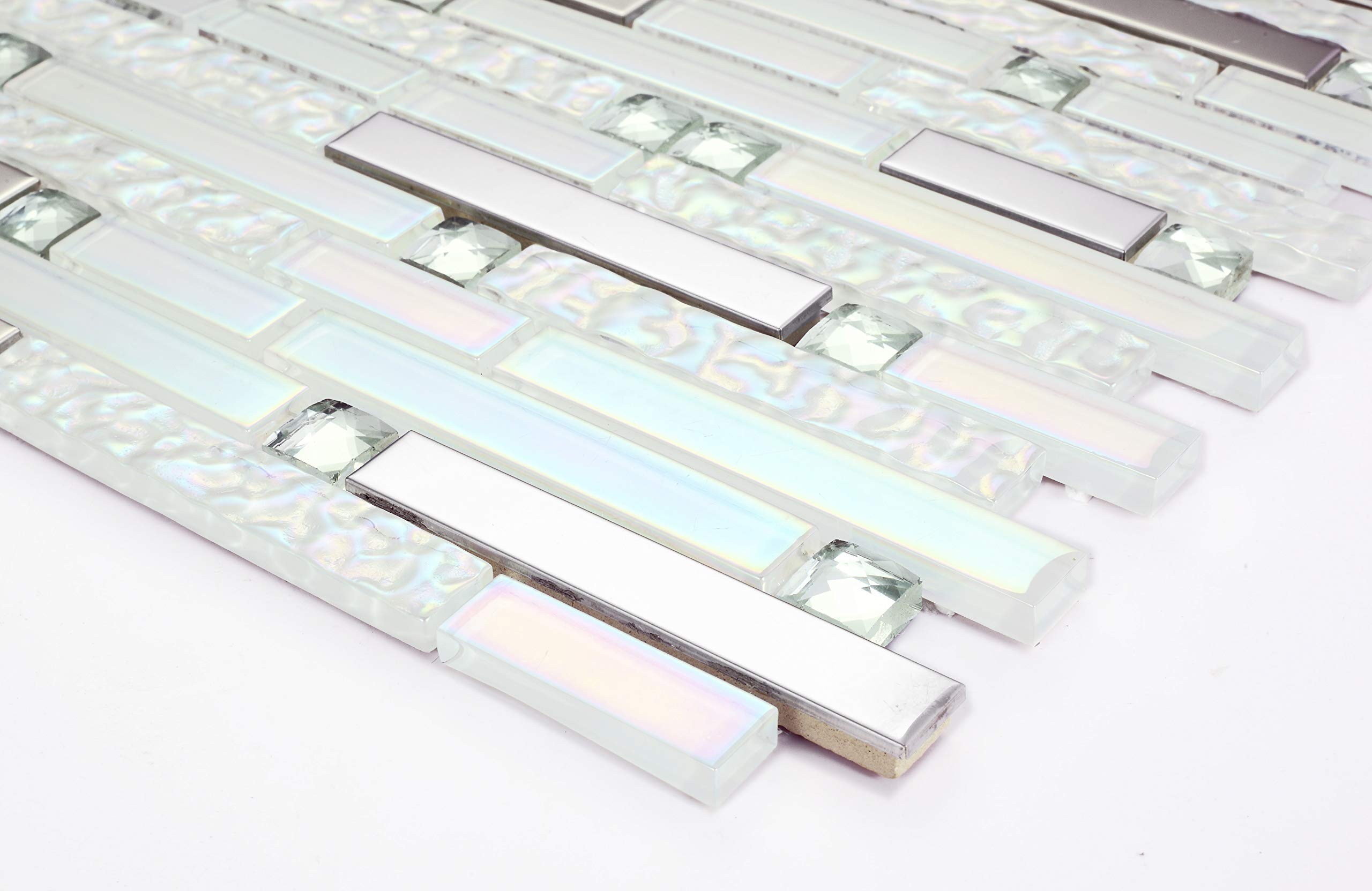 Iridescent White Crystal Glass Chrome Metallic Linear Mosaic Tile - Stain Resistant Kitchen Backsplash & Bathroom Shower Wall Tiles (11 Sq Ft) - Perfect for Modern Home Decor and Commercial Spaces