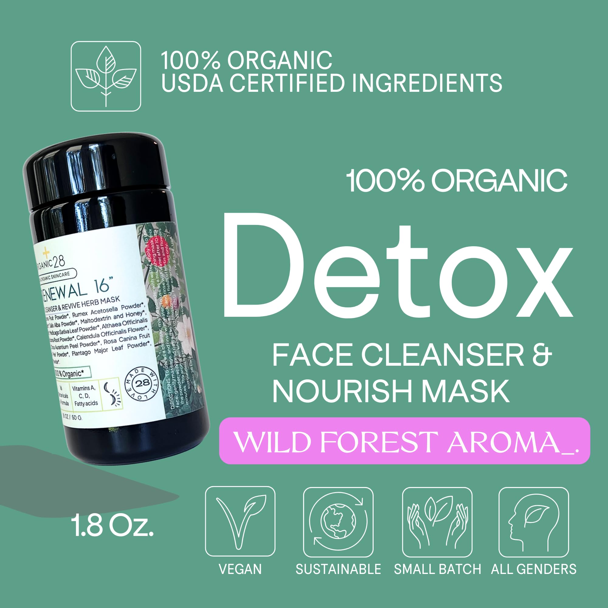 Organic28+ Organic Face Wash & Mask Set with Salicylic Acid - 100% Natural Facial Cleanser & Moisturizing Mask for Women - 1.8oz Vegan Skincare for Acne-Prone & Sensitive Skin - Perfect for Daily Cleansing & Weekly Deep Treatment