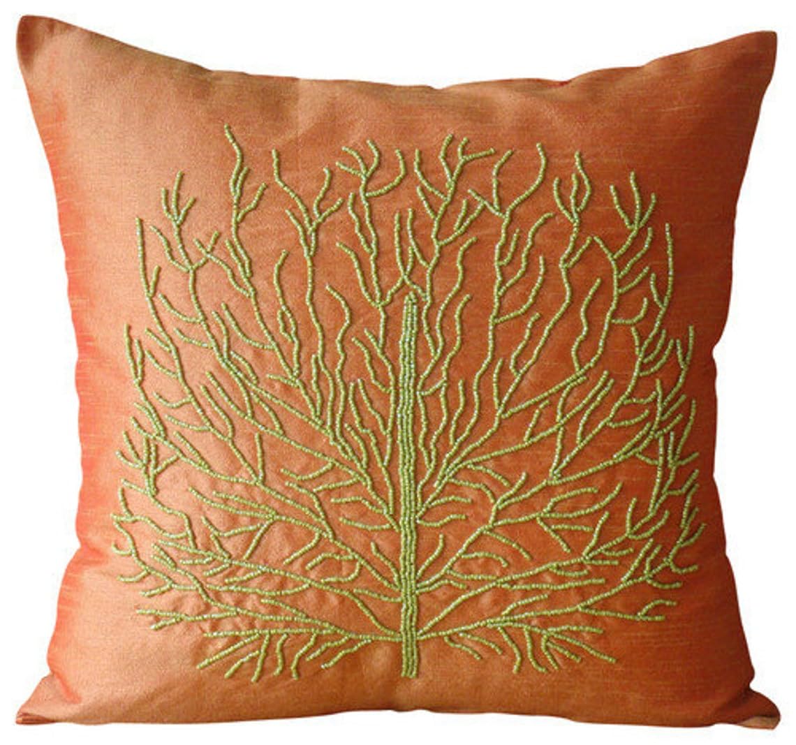 HomeCentric 14x14 Inch (35x35 cm) Square Silk Throw Pillow Cover - Orange Beaded Green Tree Floral Contemporary Design for Sofa, Bed & Home Decor | Money Tree Pattern