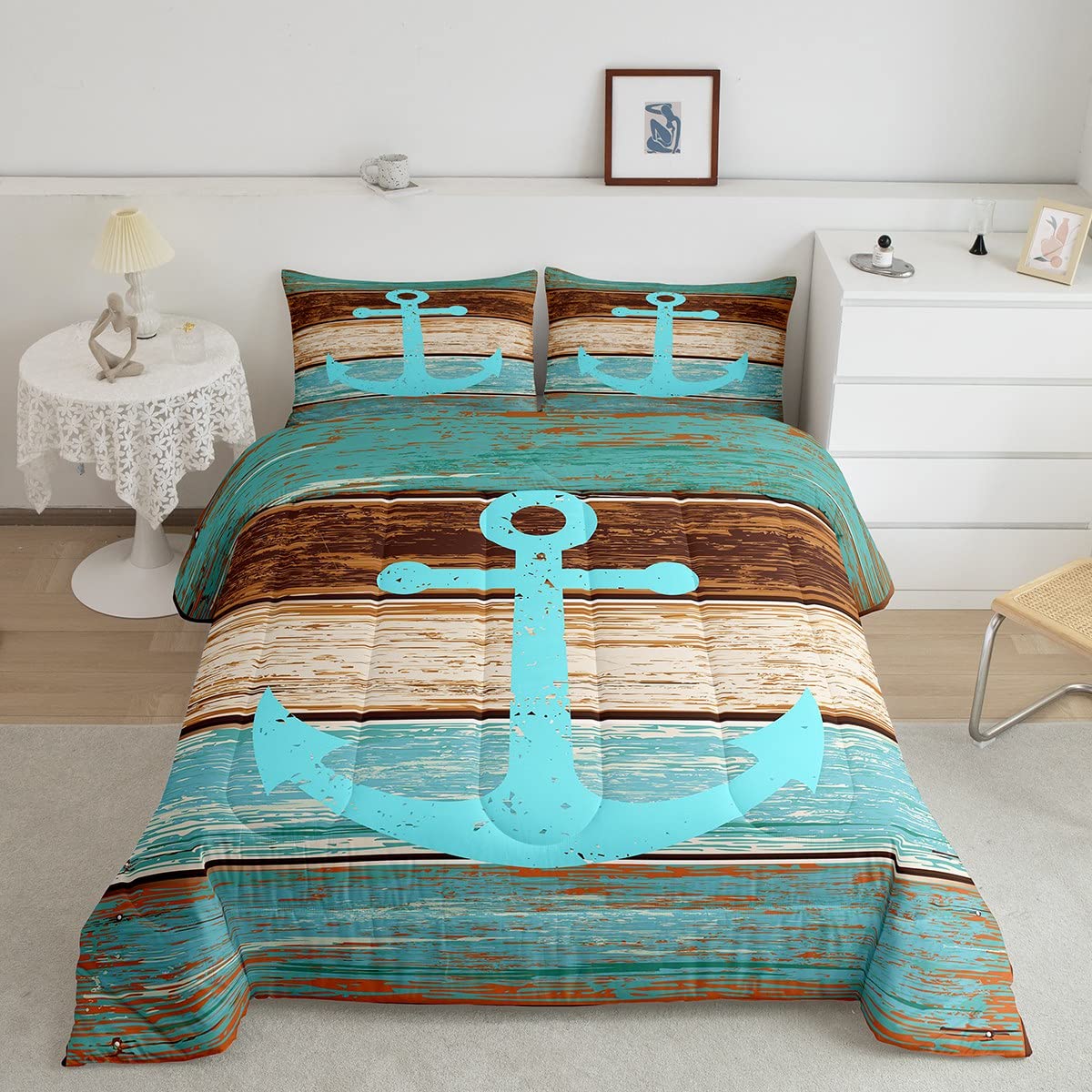 Vintage Nautical Anchor Comforter Set Full Size - Rustic Farmhouse Barn Door Design for Kids, Teens & Adults - Sea Adventure Themed 3-Piece Quilt Set with Duvet Insert & 2 Pillowcases in Blue & Brown - Perfect for Coastal Bedroom, Guest Room & Dorm Decor