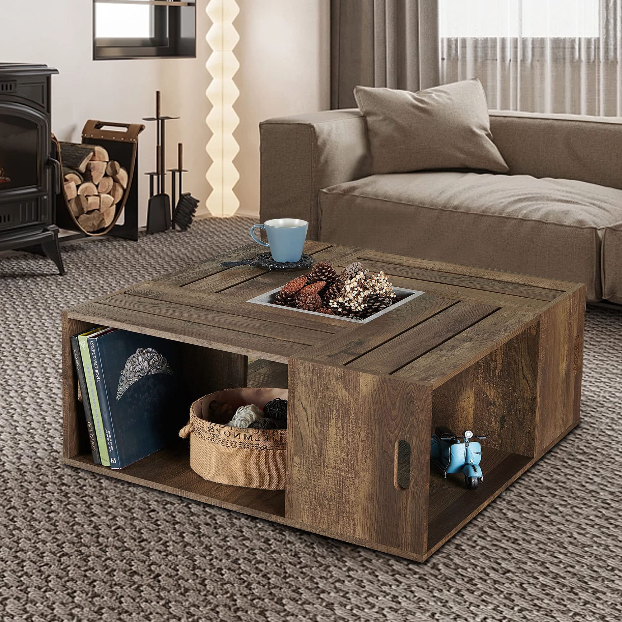 Modern Geometric Square Coffee Table with 4 Wheels - Brown Mobile End Table for Living Room, Sofa & Lounge - Easy Rolling Furniture for Small Spaces & Home Decor