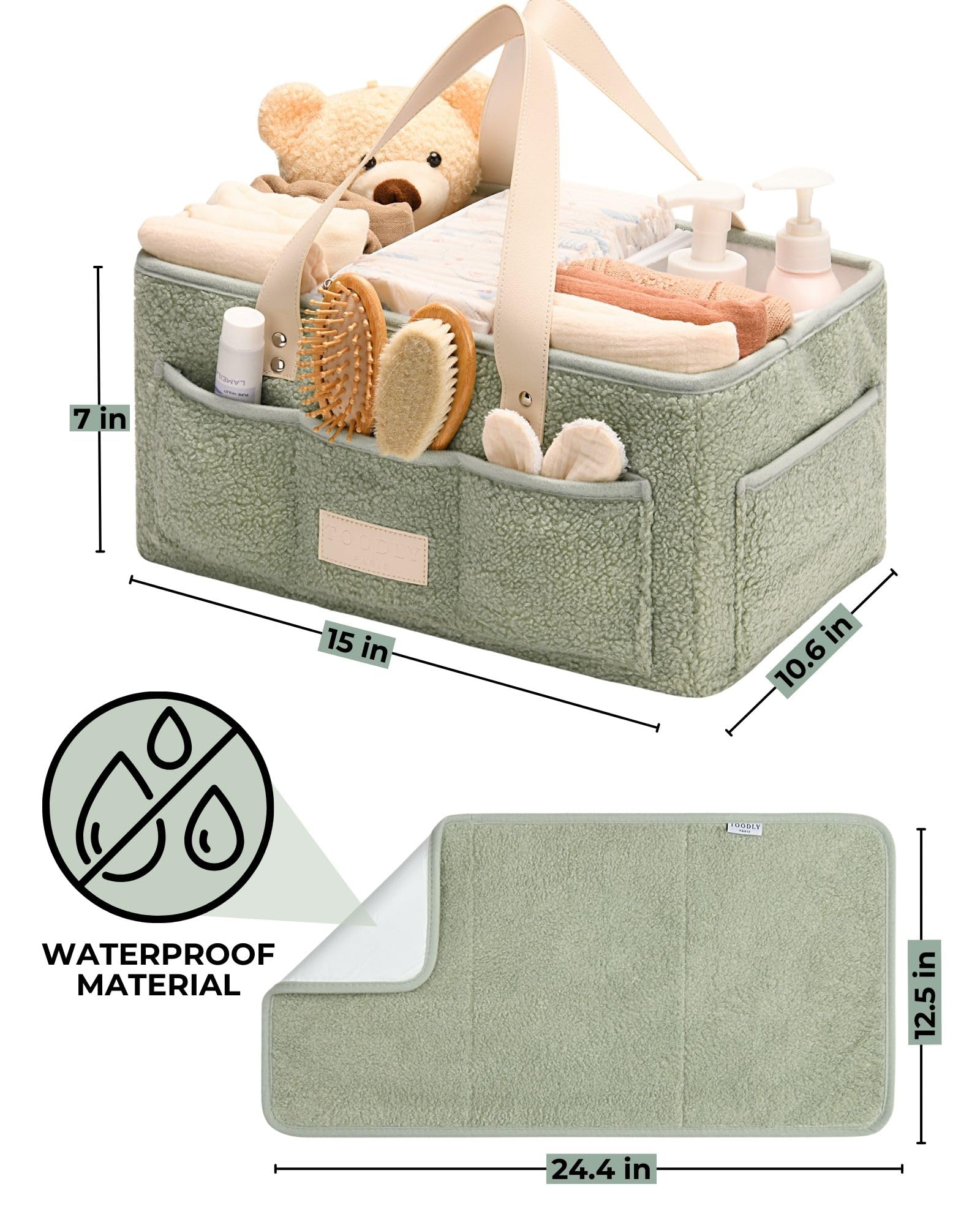 Portable Baby Diaper Caddy Organizer with Changing Mat & Burp Cloth - Soft Teddy Fleece Diaper Station for Nursery - Multi-Compartment Baby Basket for Diapers, Wipes & Essentials - Perfect for Nursery, Travel & On-the-Go Diaper Changes